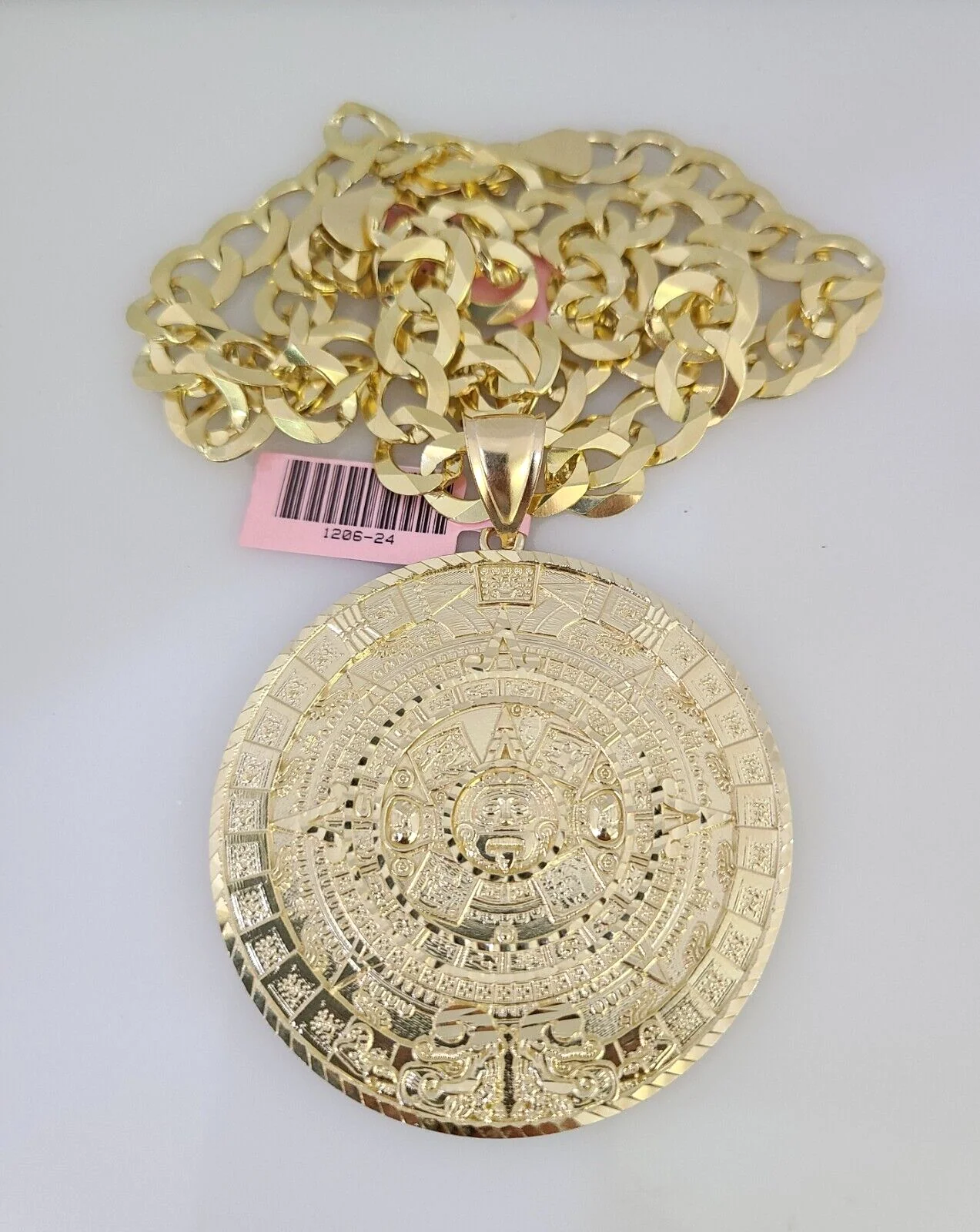 14k Gold Chain Mayan Calendar Charm Solid Cuban Curb 10mm 20"-30" SET Necklace - Image 7