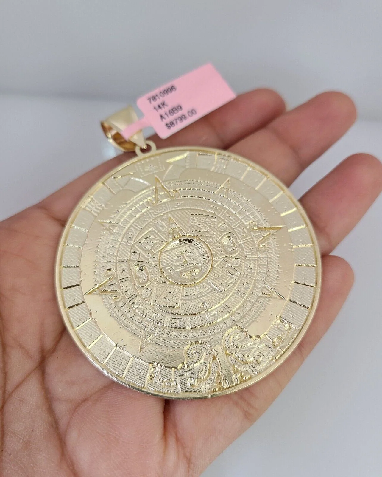 14k Gold Chain Mayan Calendar Charm Solid Cuban Curb 10mm 20"-30" SET Necklace - Image 9