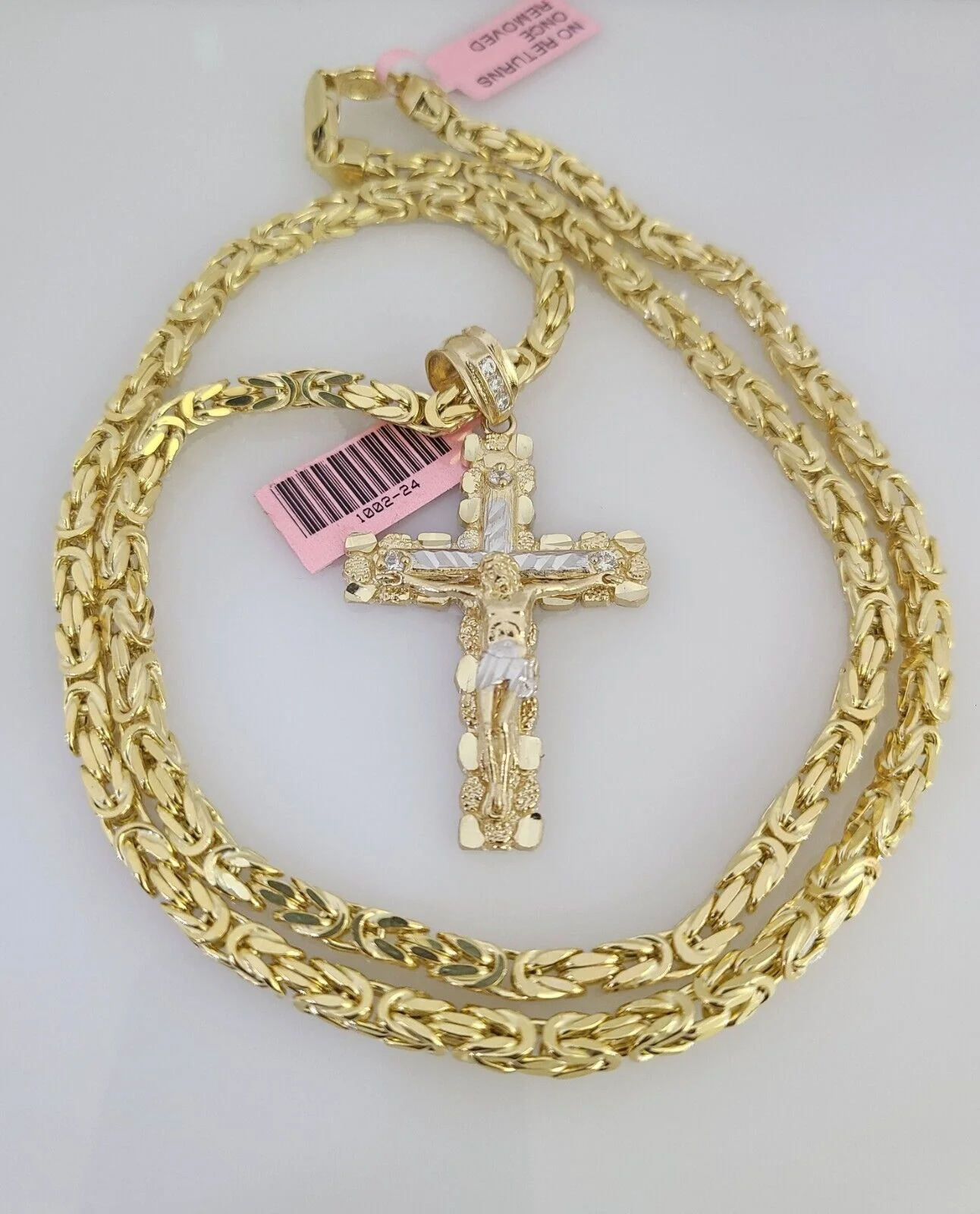 14K Gold Necklace Chain Jesus Nugget Cross Turkish Byzantine 4mm 24" Pendant - Image 2