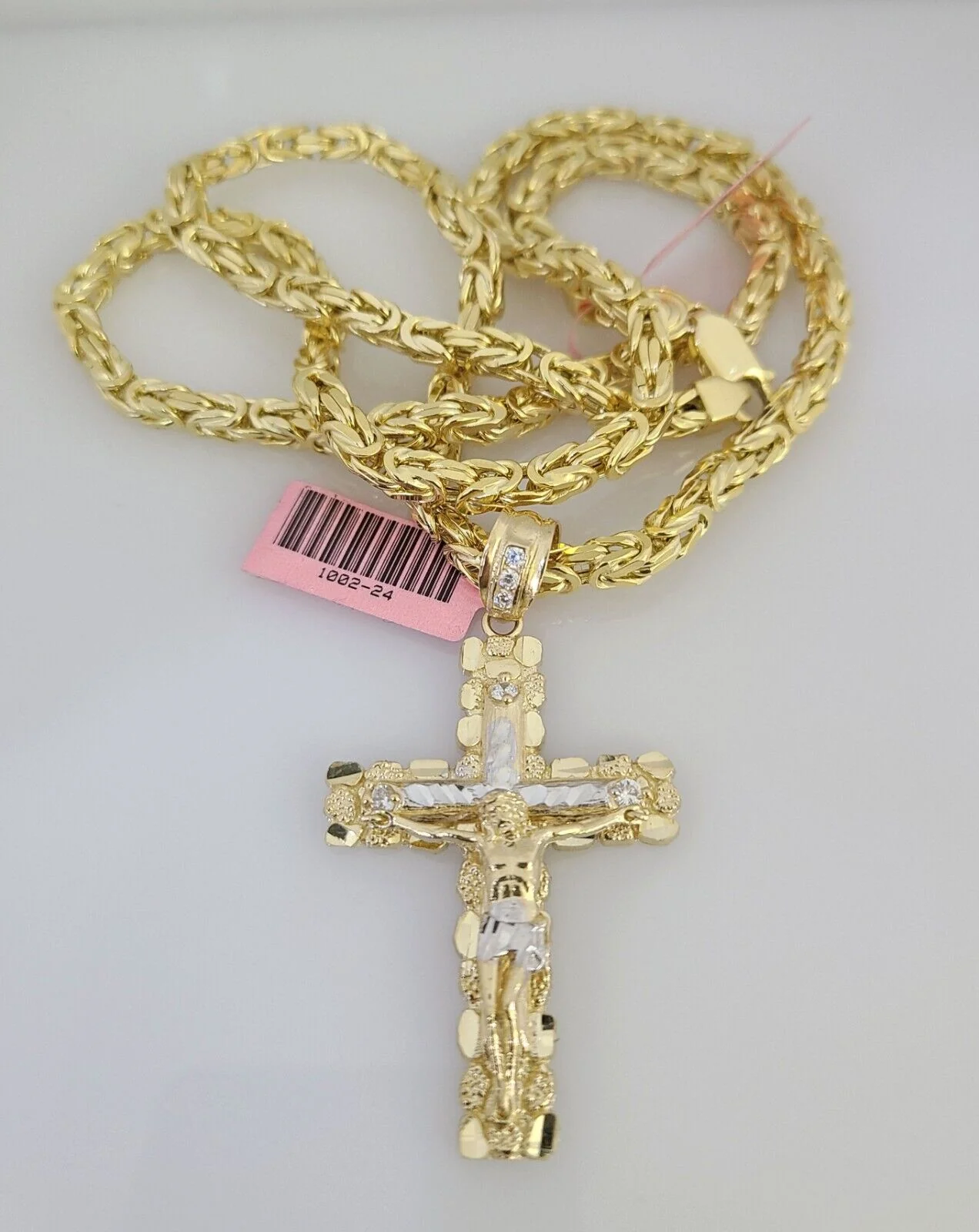 14K Gold Necklace Chain Jesus Nugget Cross Turkish Byzantine 4mm 24" Pendant - Image 4