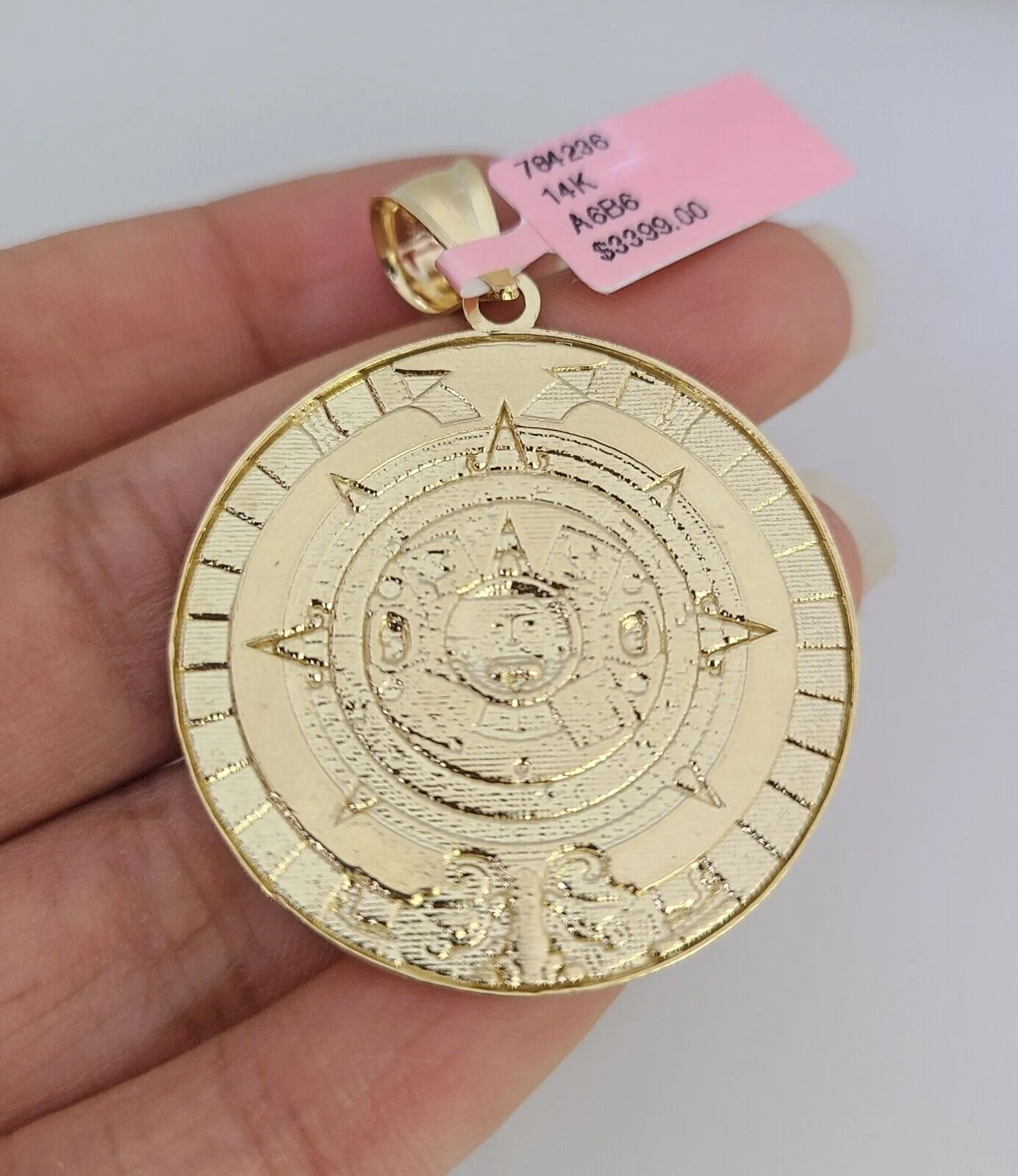 14K Gold Necklace Chain Mayan Calendar Charm Turkish Byzantine 4mm 24" Pendant - Image 7