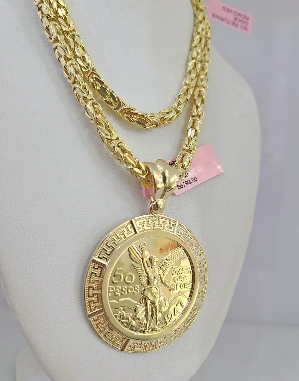14K Gold Necklace Chain Mexican Coin Charm Turkish Byzantine 4mm 24" Pendant - Image 6