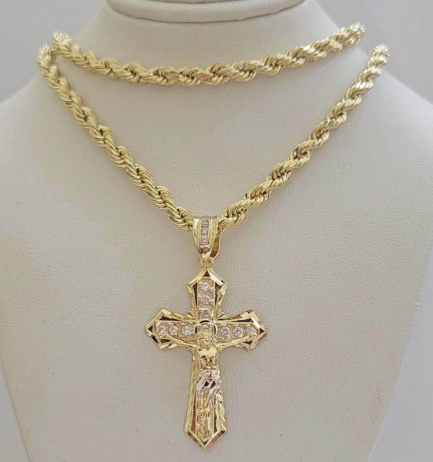 14k Gold Rope Chain Necklace Jesus Cross Charm Pendant Set 18-28" inch 5mm, REAL - Image 2