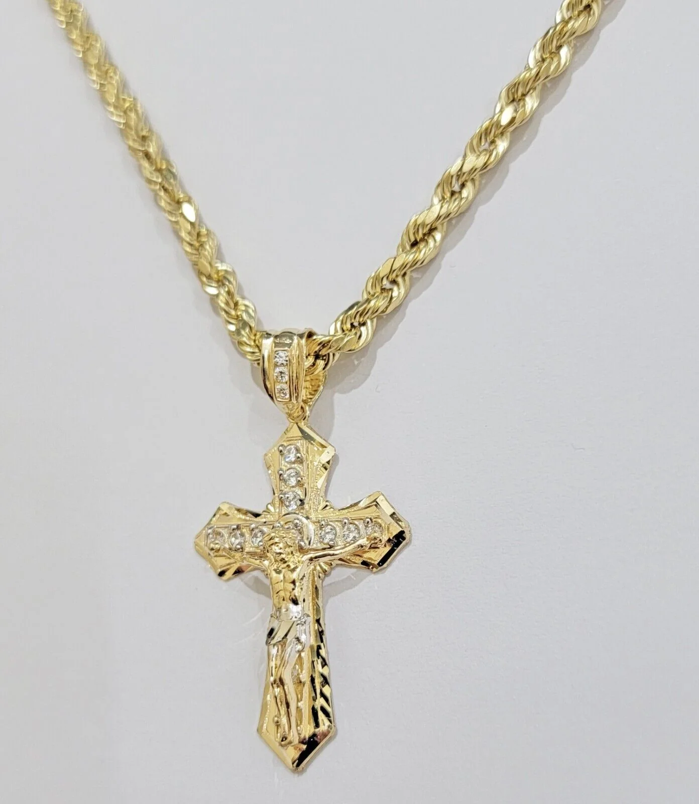 14k Gold Rope Chain Necklace Jesus Cross Charm Pendant Set 18-28" inch 5mm, REAL - Image 4