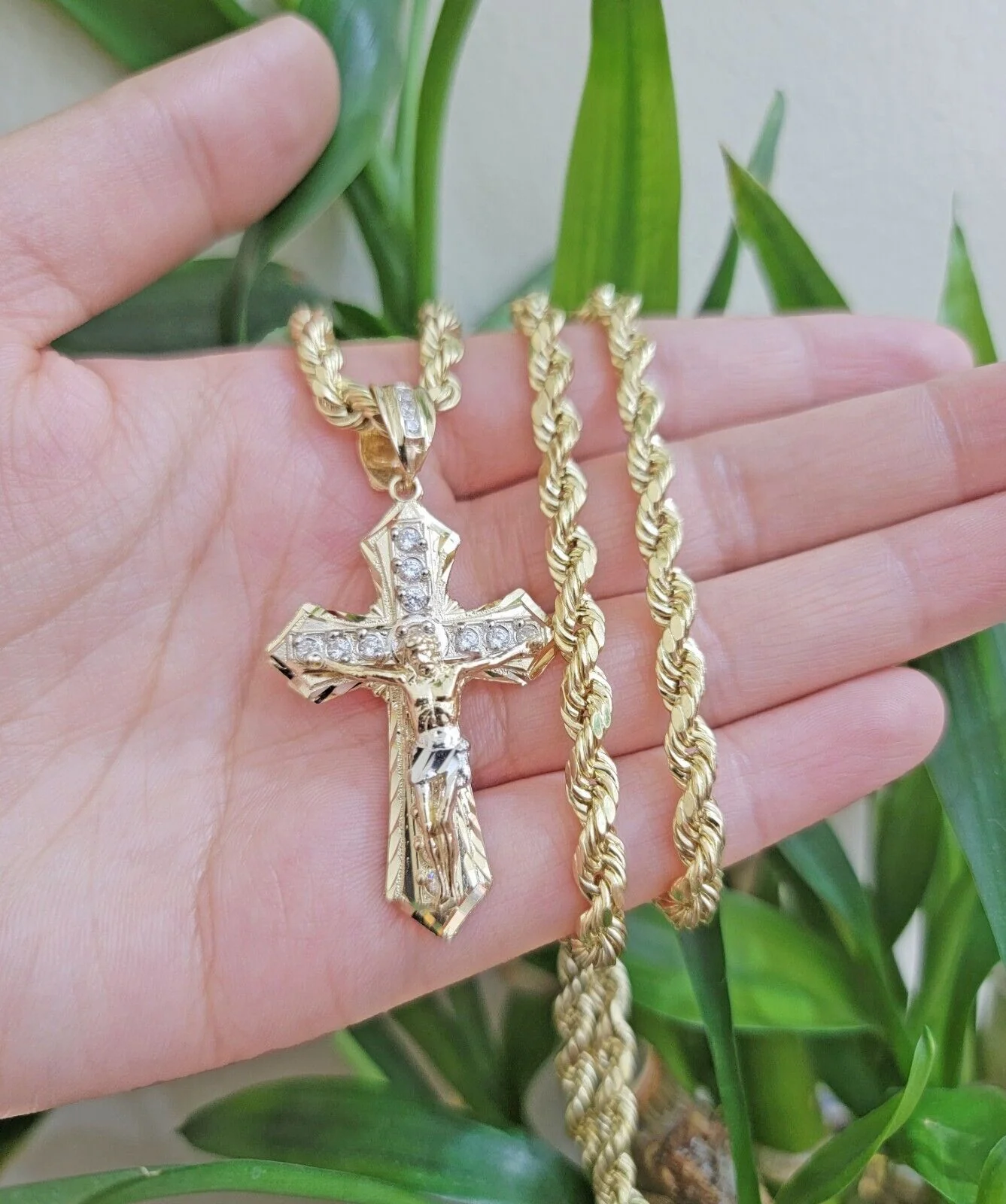 14k Gold Rope Chain Necklace Jesus Cross Charm Pendant Set 18-28" inch 5mm, REAL - Image 5