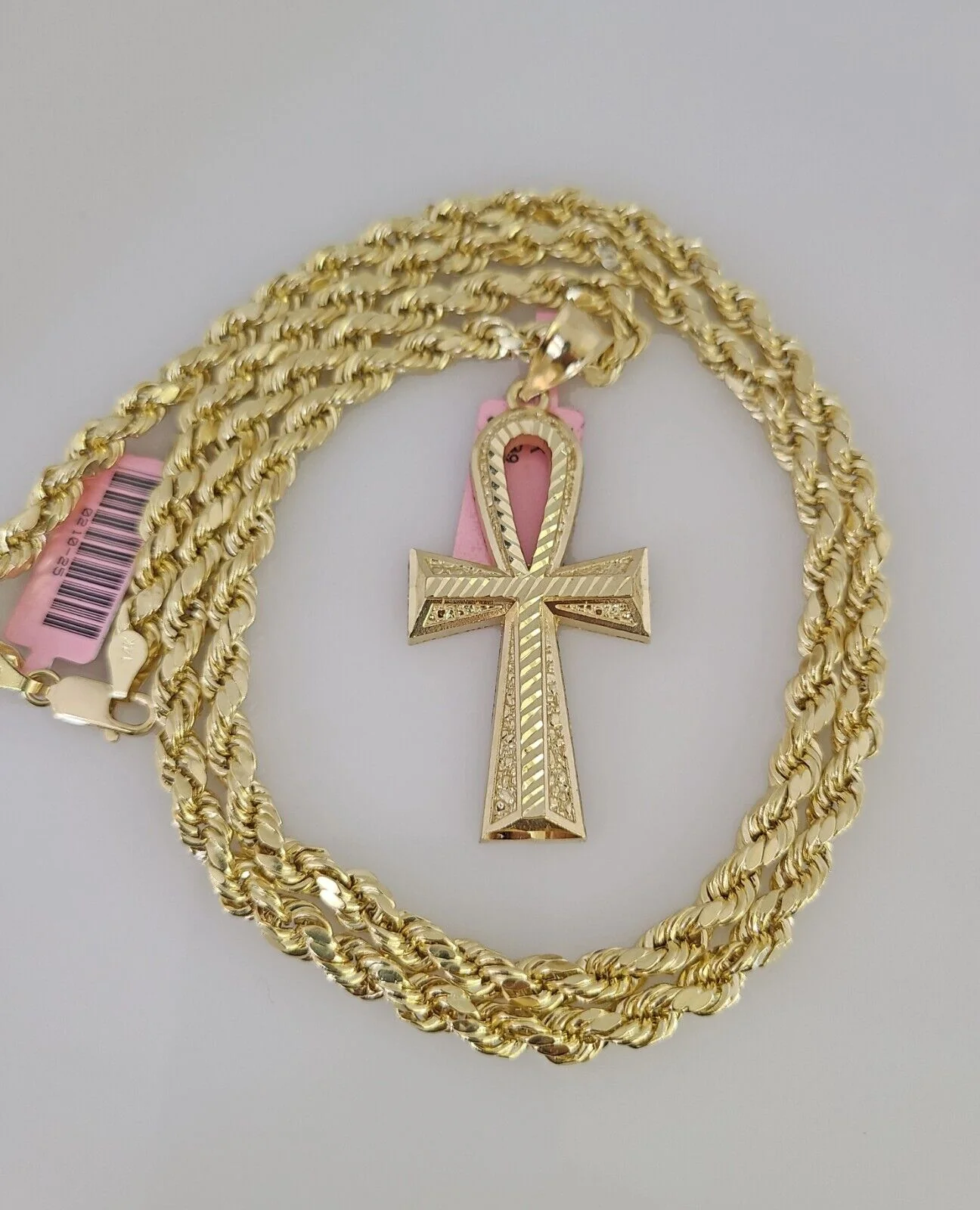 14k Gold Rope Chain Necklace Set 6mm Ankh Cross Charm Pendant 18"-28" inch - Image 2