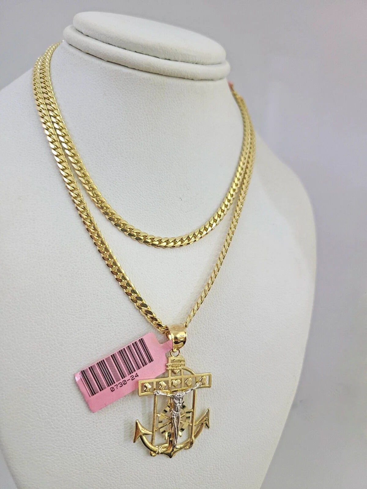 14k Gold Solid Chain Jesus Anchor Pendant Set 14kt Miami Cuban Link 3mm Charm - Image 4