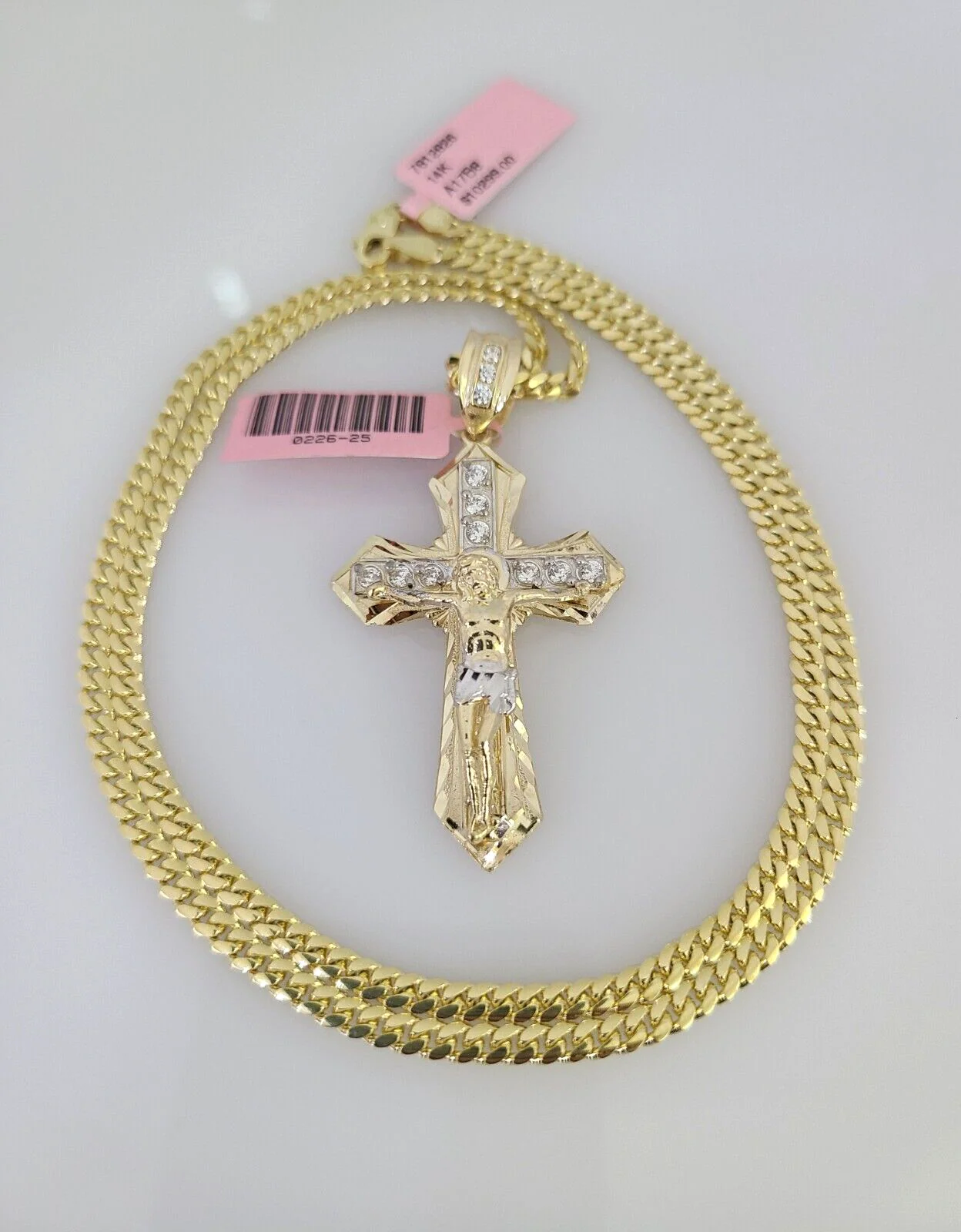 14k Gold Solid Chain Jesus Cross Pendant Set 14kt Miami Cuban Link 3mm Charm - Image 2