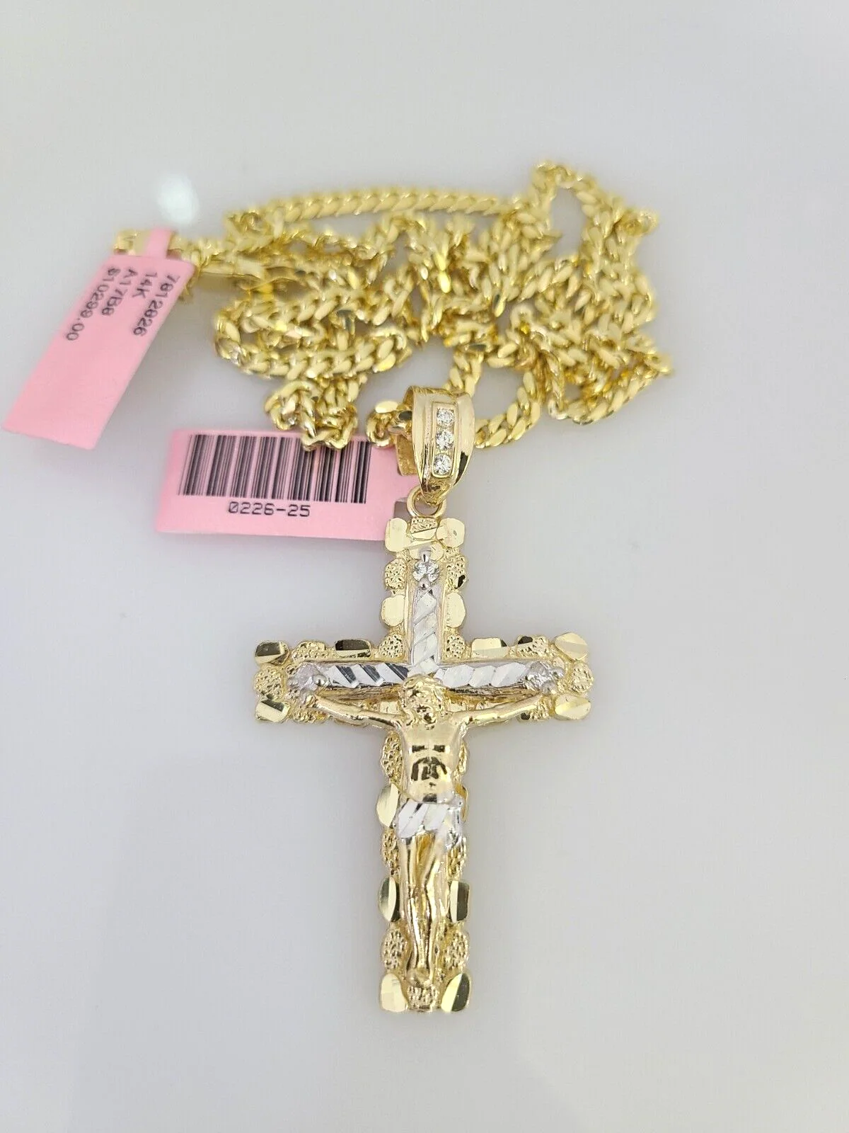 14k Gold Solid Chain Nugget Cross Pendant Set 14kt Miami Cuban Link 3mm Charm - Image 4