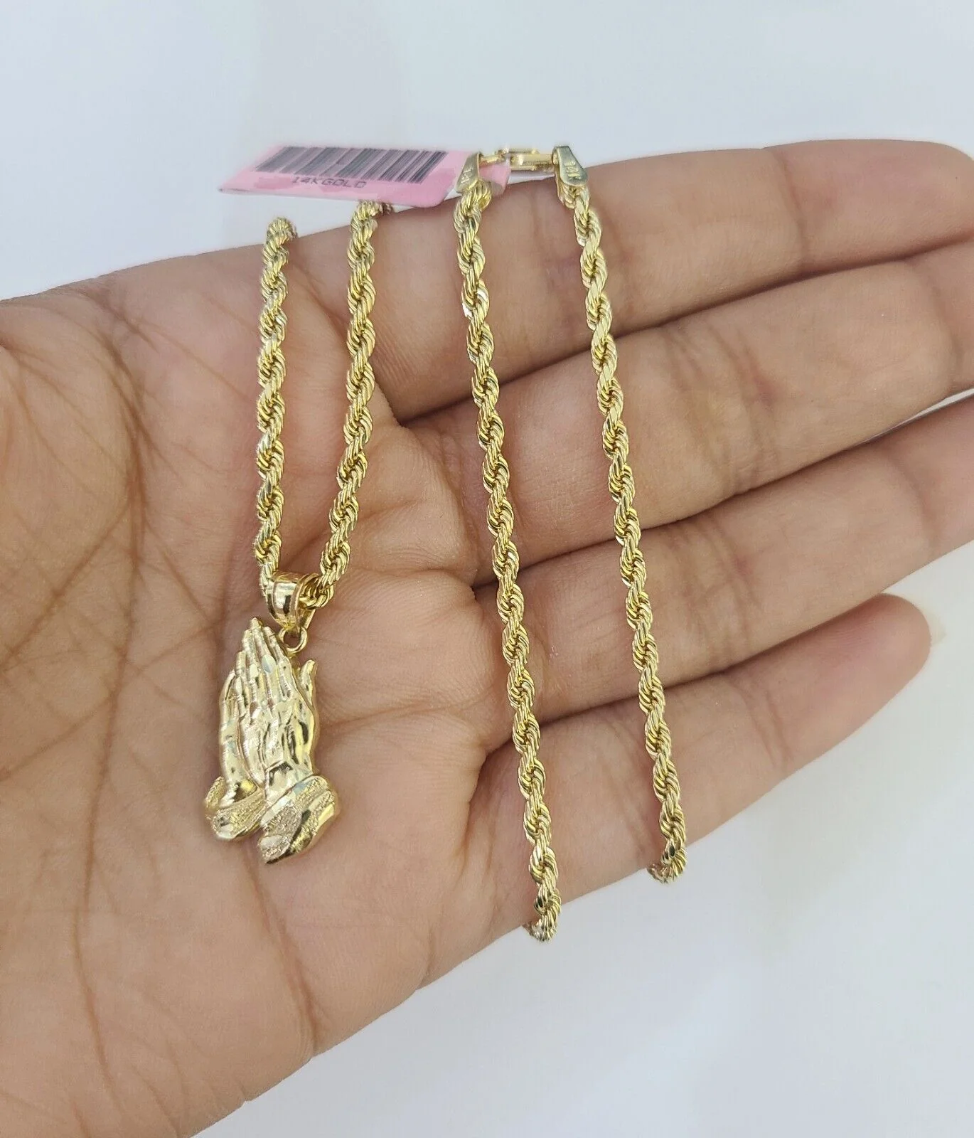 14k Rope Chain Praying Hands Charm Pendant Gold 2mm 18"-24inch SET Necklace - Image 5