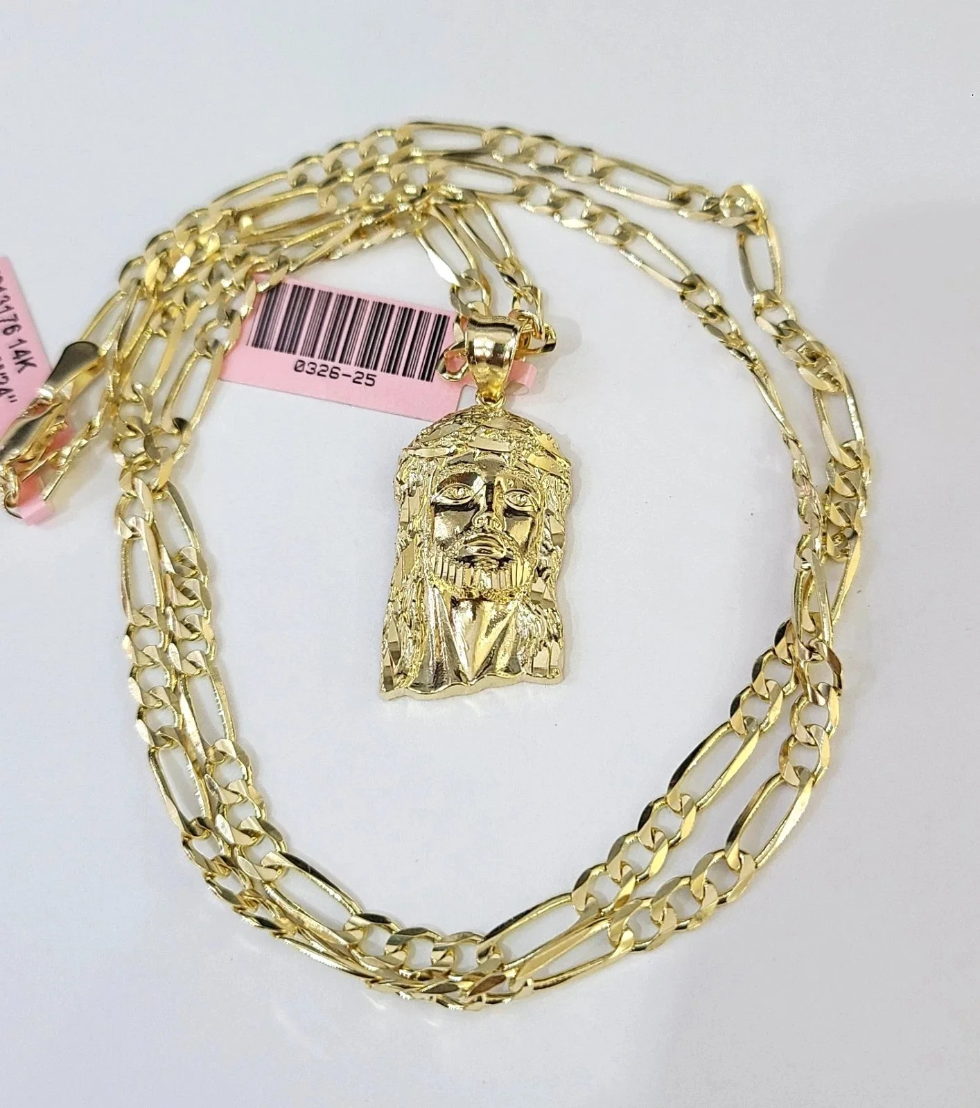 14k Solid Figaro Chain Jesus Head Pendant Gold 4mm 18-28 inch SET Necklace - Image 2
