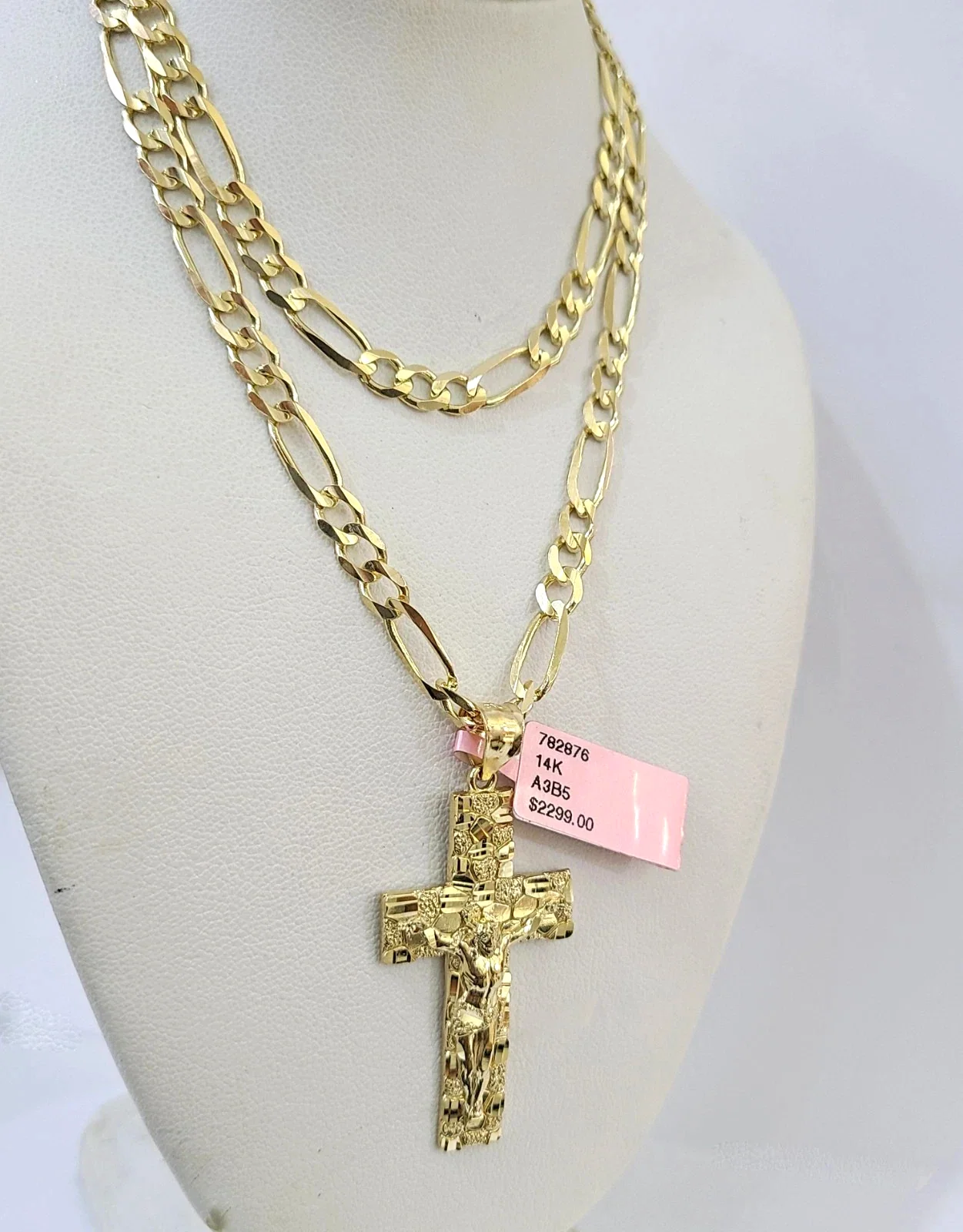 14k Solid Figaro Chain Nugget Jesus Cross Pendant Gold 4mm 18"-28" SET Necklace - Image 3
