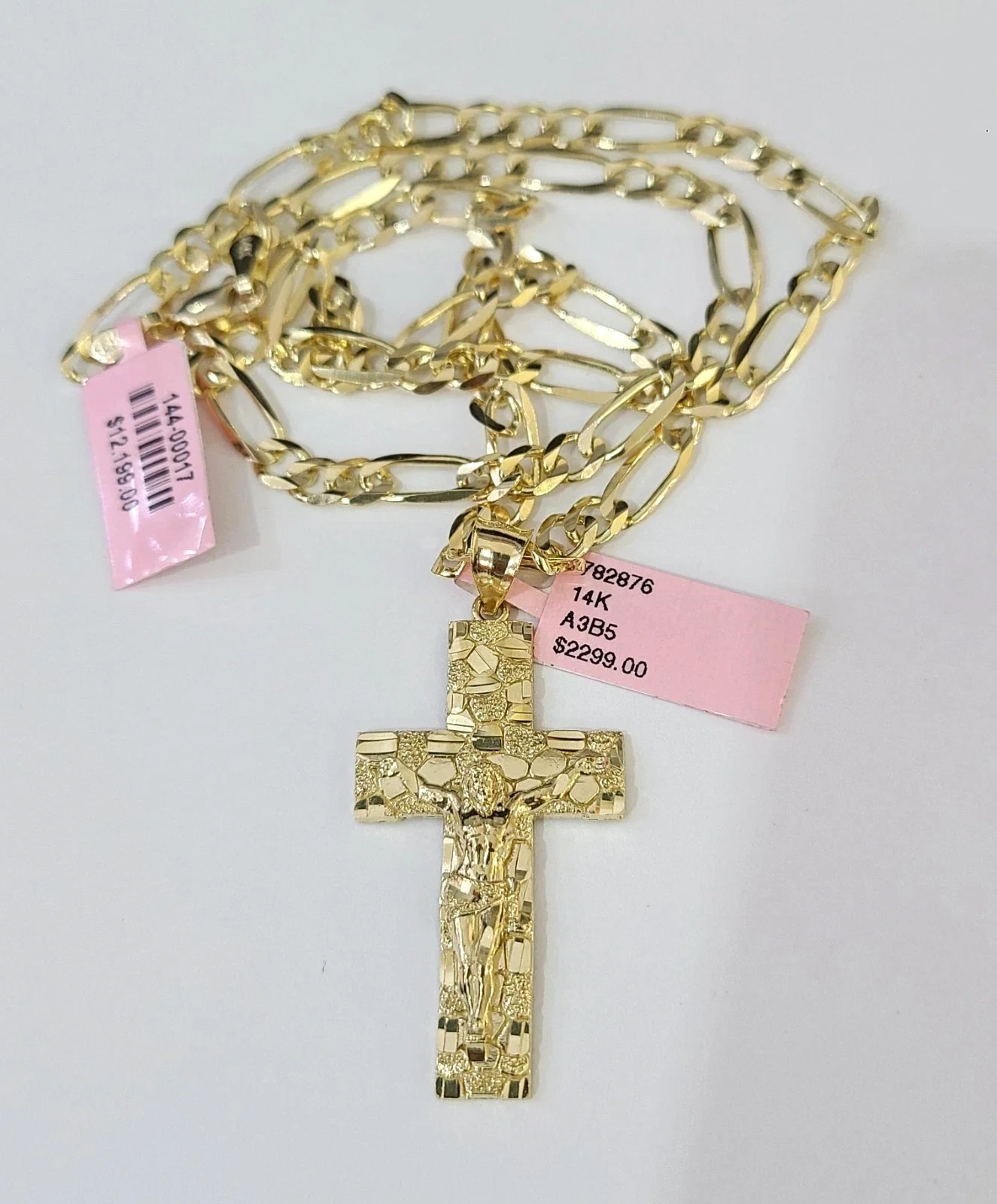14k Solid Figaro Chain Nugget Jesus Cross Pendant Gold 4mm 18"-28" SET Necklace - Image 4