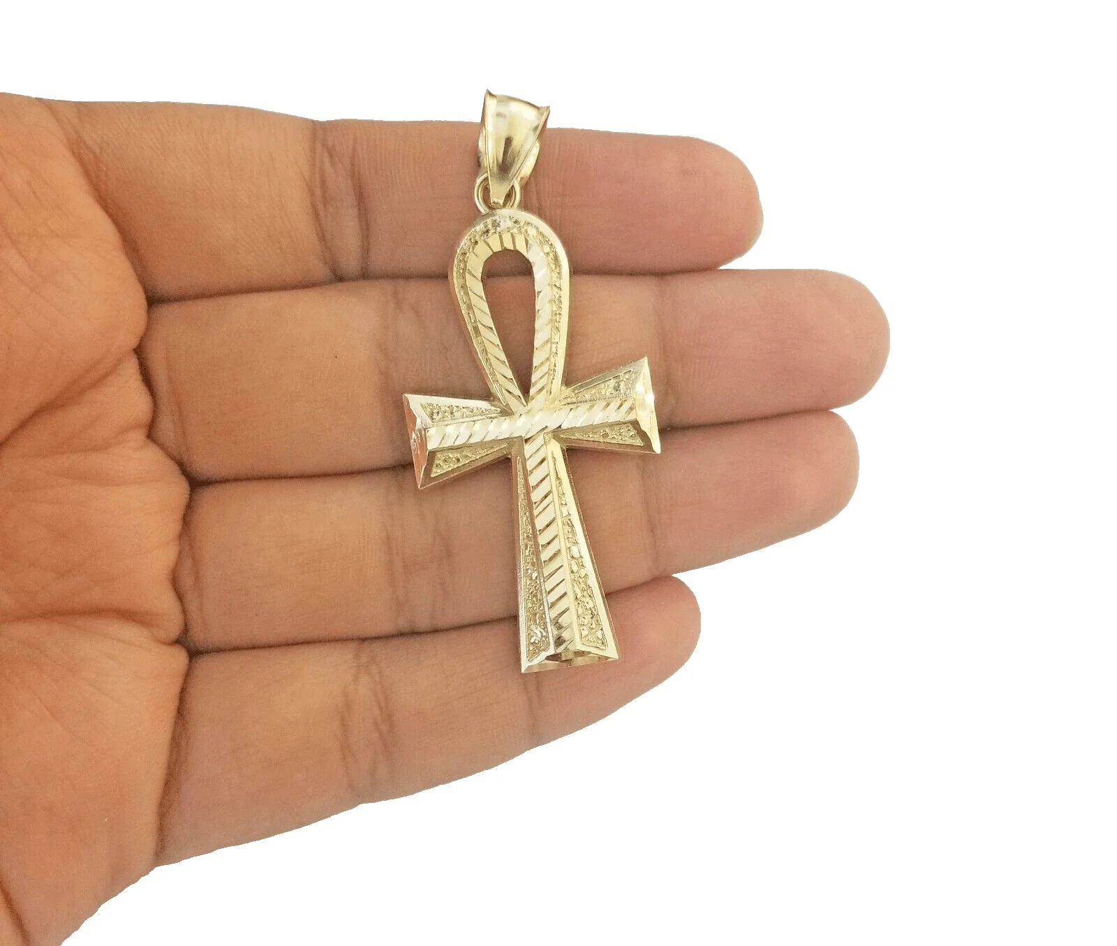 14k Yellow Gold Ankh Cross Charm Pendant 2''Diamond Cut 14kt Necklace Chain
