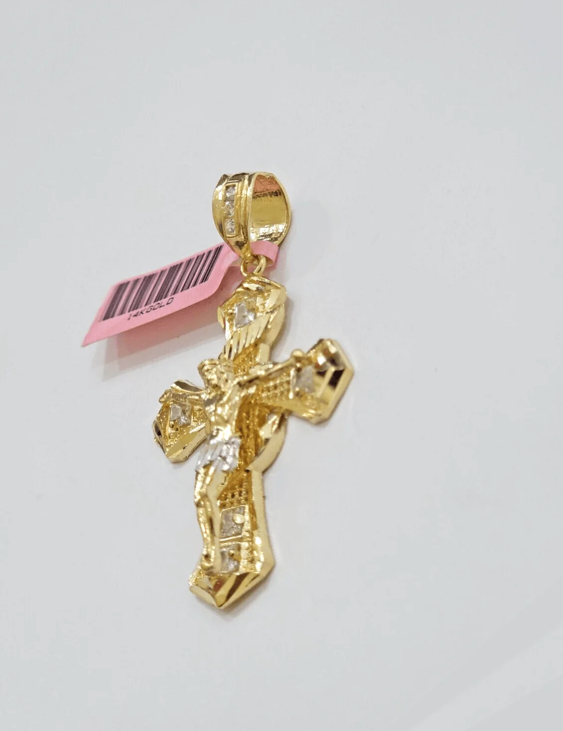 14k Yellow Gold Cross Charm Jesus Pendant 2 Inch CZ Crucifix For Chain 14kt SALE - Image 4