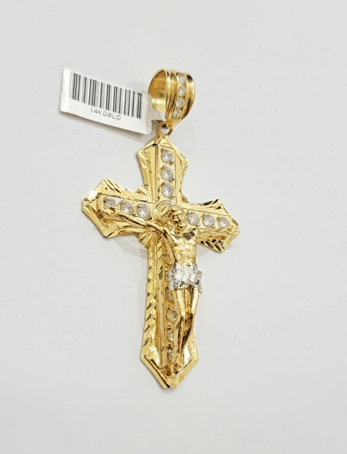 14k Yellow Gold Cross Charm Pendant Jesus Crucifix 3" With Stone Mens REAL 14kt - Image 4