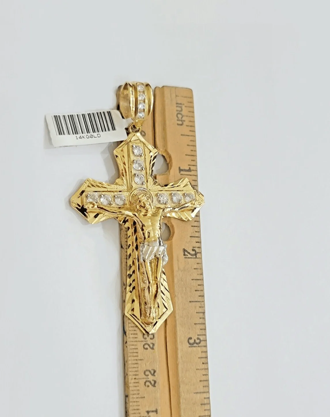 14k Yellow Gold Cross Charm Pendant Jesus Crucifix 3" With Stone Mens REAL 14kt - Image 5