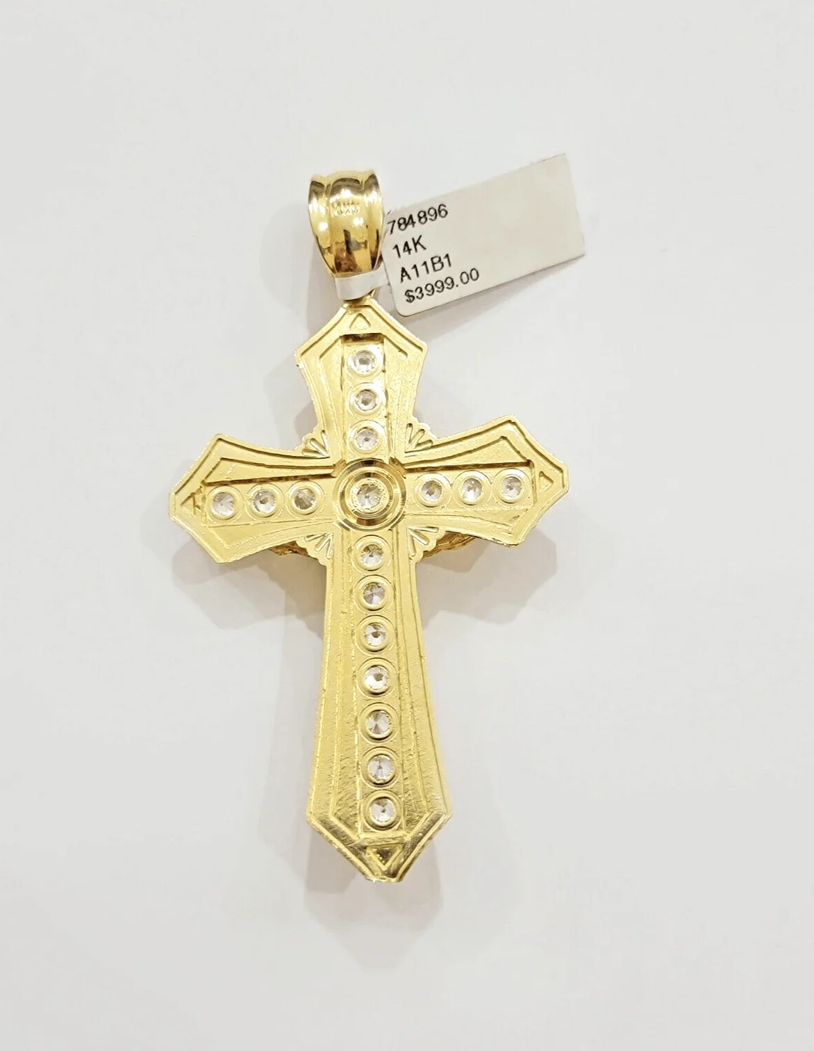 14k Yellow Gold Cross Charm Pendant Jesus Crucifix 3" With Stone Mens REAL 14kt - Image 7