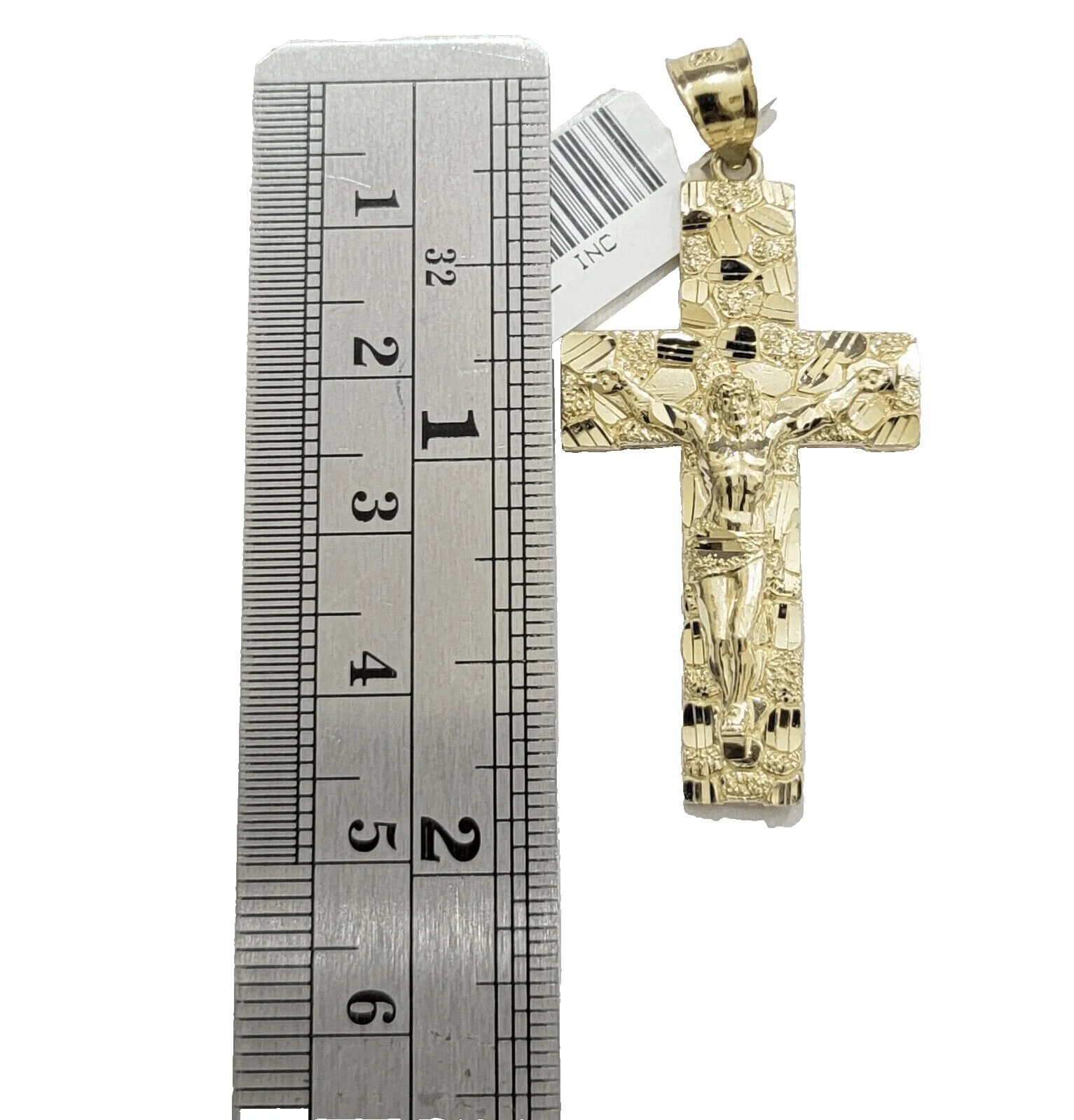 14k Yellow Gold Nugget Jesus Cross Charm Pendant 2'' inches Real 14kt Chain