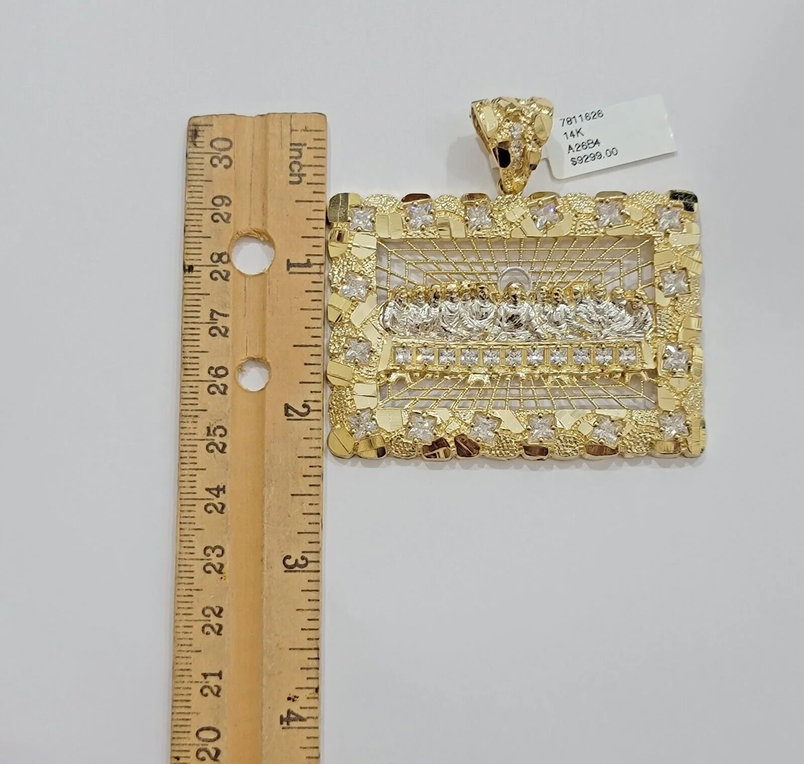14k Yellow Gold Pendant Nugget Last Supper Charm Medallion Square REAL 14KT Mens - Image 7