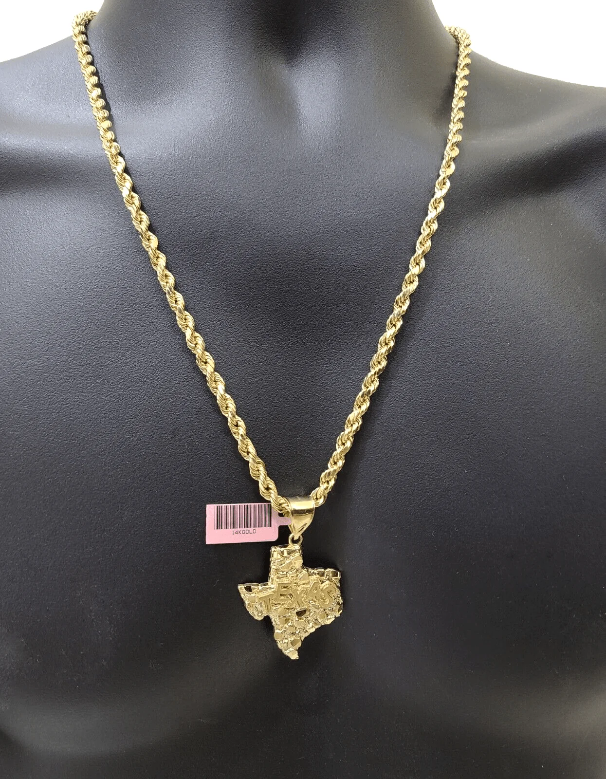 14k Yellow Gold Rope Chain 22'' Inch Necklace Texas Map Charm Pendant Real 14kt - Image 6