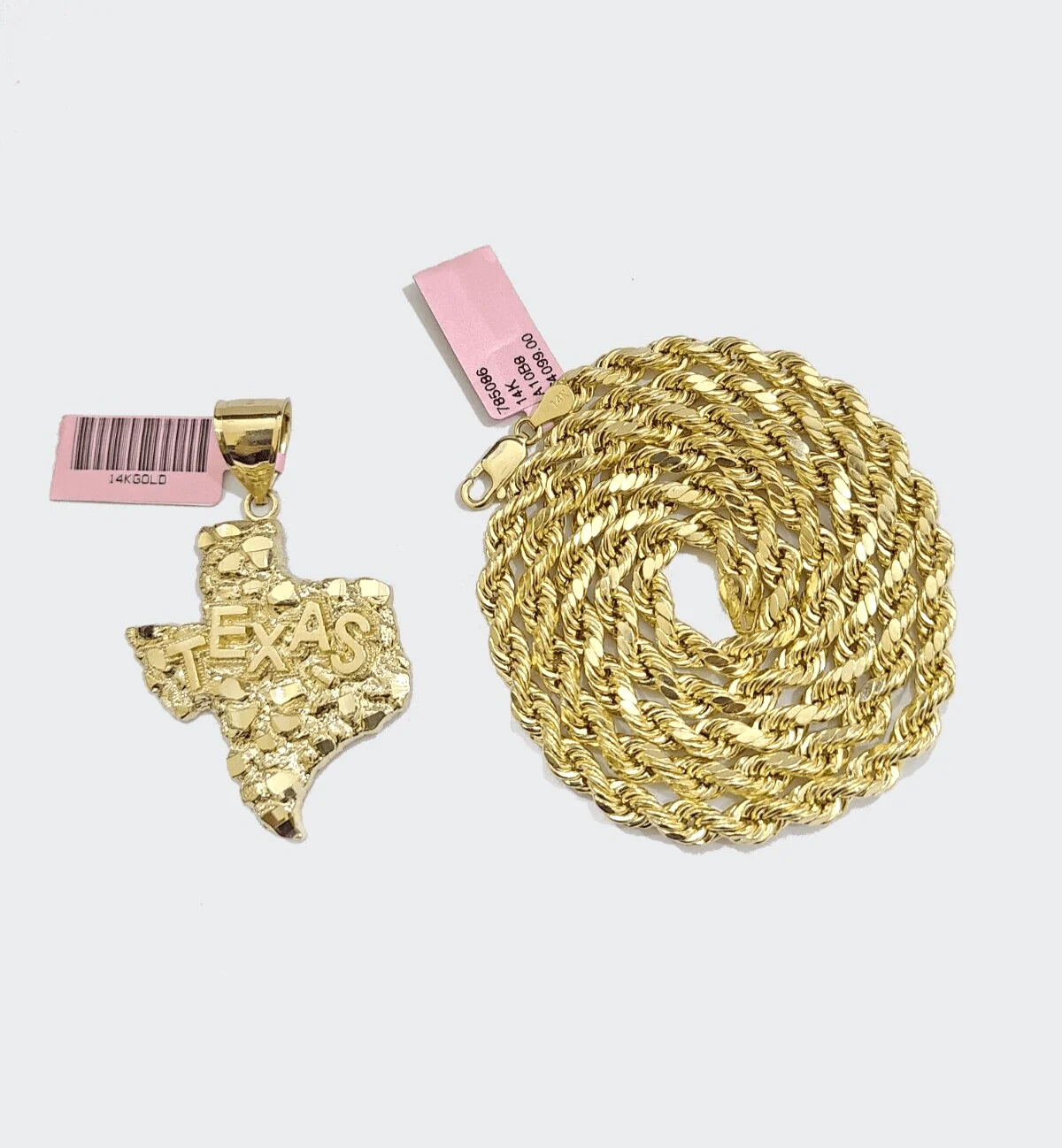 14k Yellow Gold Rope Chain 24'' Inch Necklace Texas Map Charm Pendant Real 14kt - Image 6