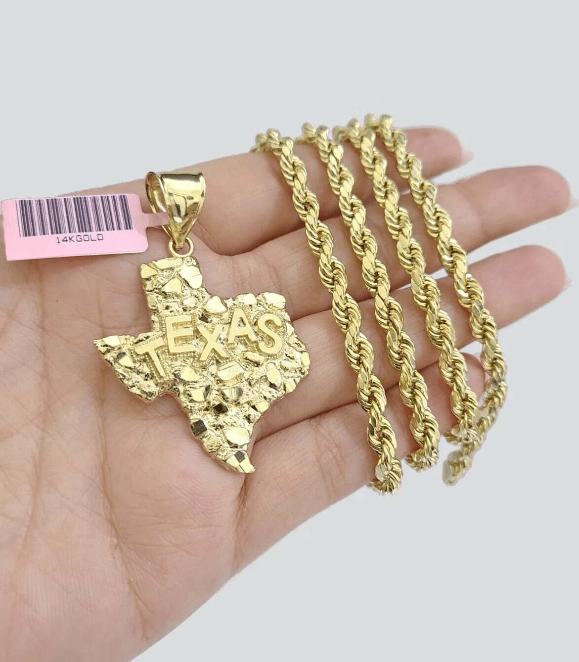 14k Yellow Gold Rope Chain 26'' Inch Necklace Texas Map Charm Pendant Real 14kt - Image 4