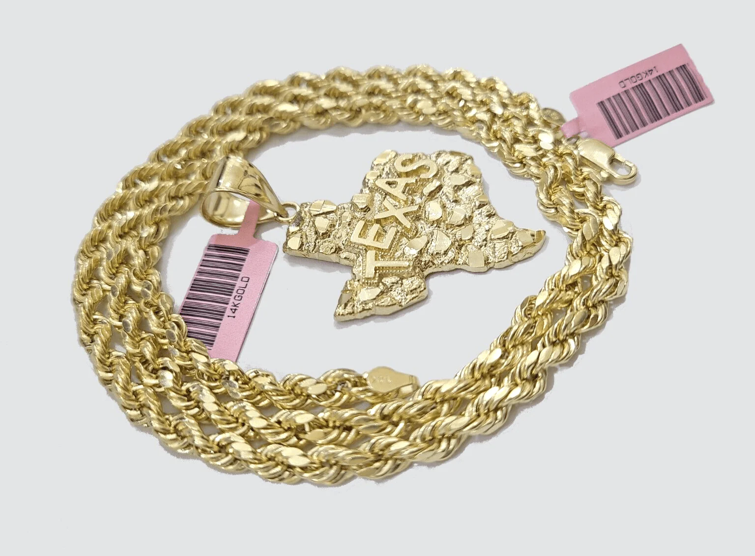 14k Yellow Gold Rope Chain 26'' Inch Necklace Texas Map Charm Pendant Real 14kt - Image 6