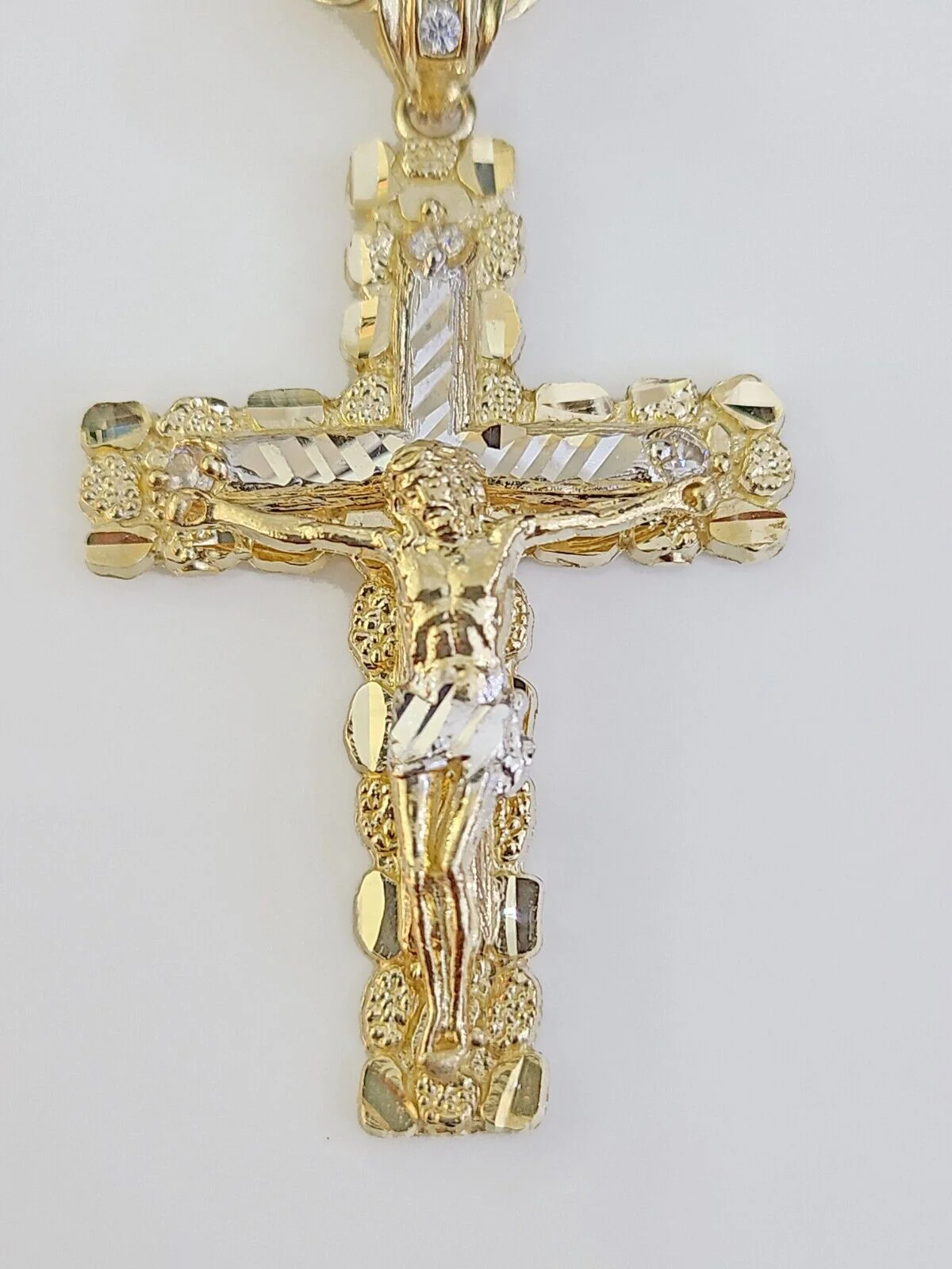 14k Yellow Gold Rope Chain & Nugget Cross Charm Pendent SET 5mm 20 Inch Necklace - Image 2