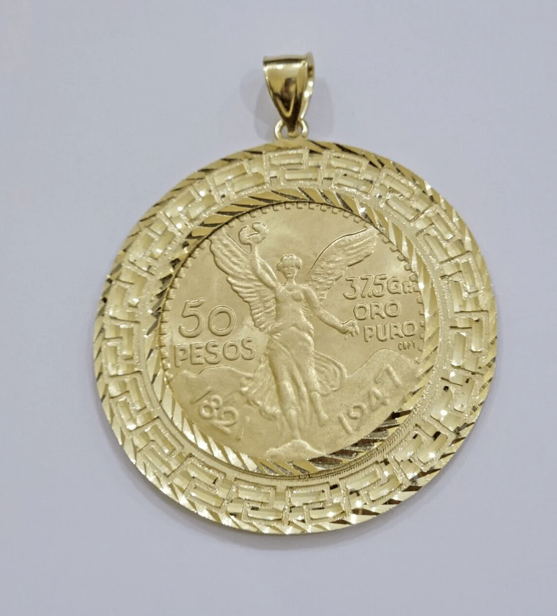 1947 Mexican Centenario Coin Charm Pendant 50 pesos With Bezel Solid 10kt Gold