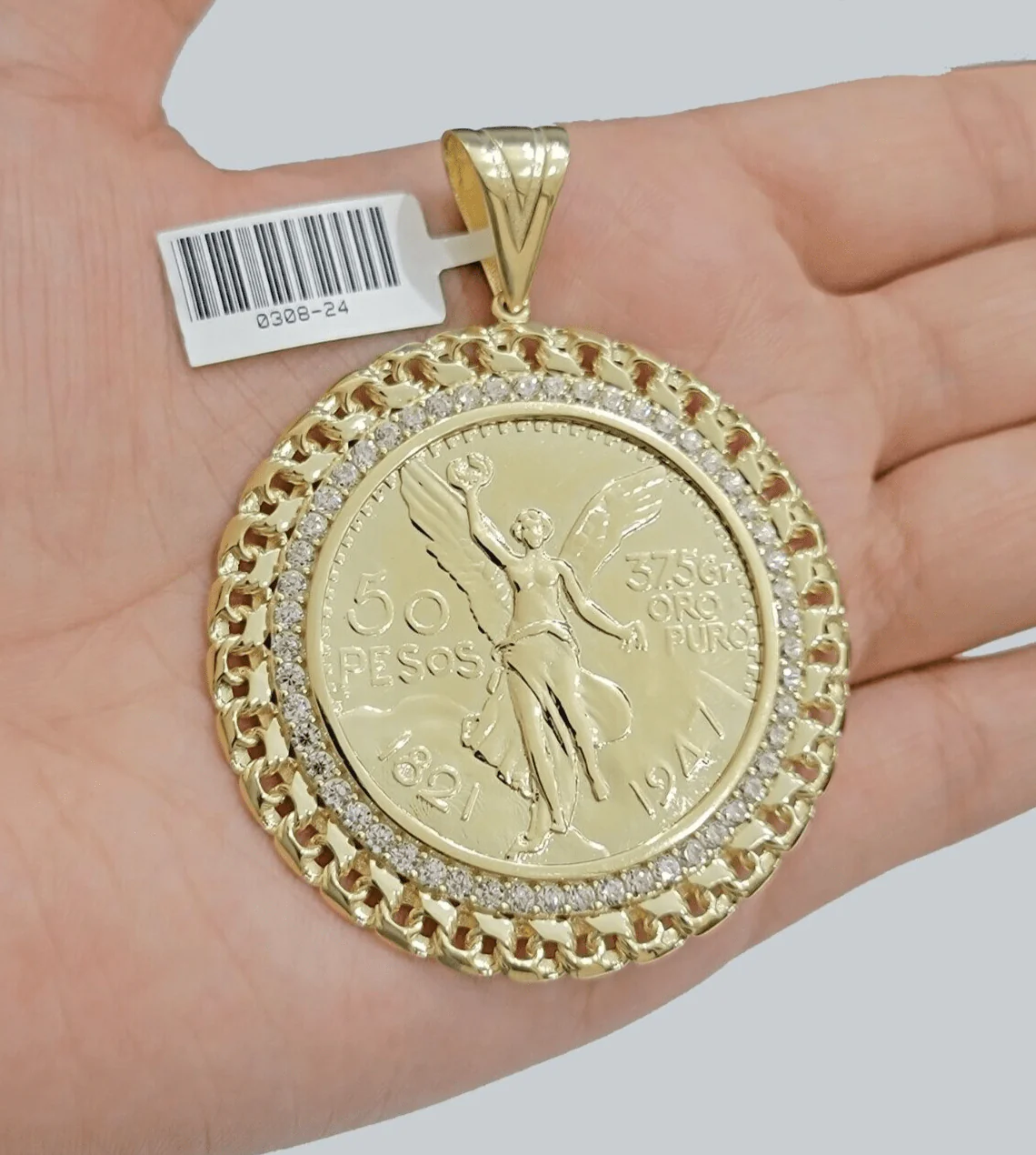 1947 Mexican Centenario Coin Charm Pendant Replica 50 pesos With Bezel 10kt Gold