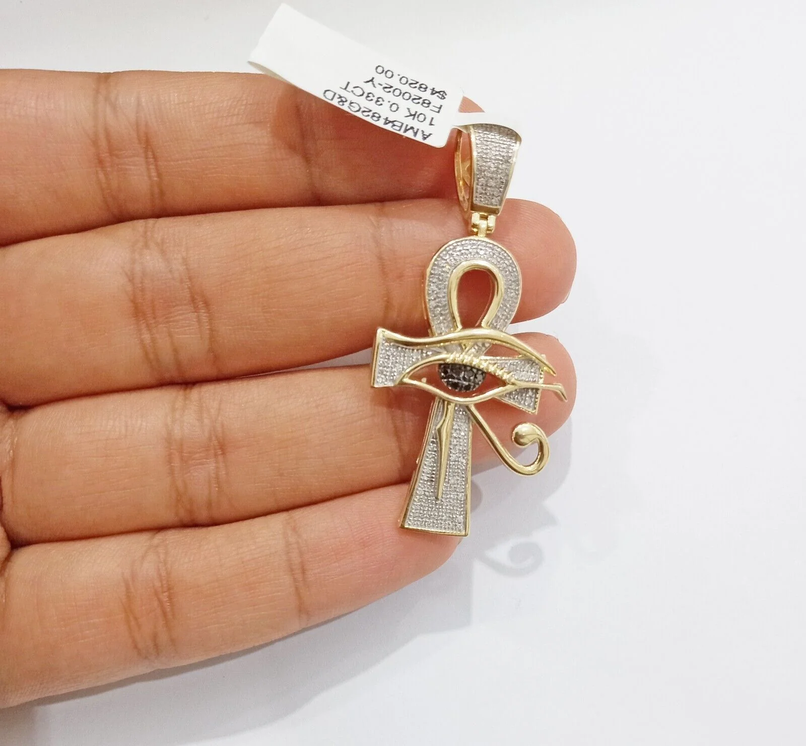 Evil Eye Charm Pendant Real 10K Yellow Gold Genuine Natural Diamond Ankh Cross - Image 2