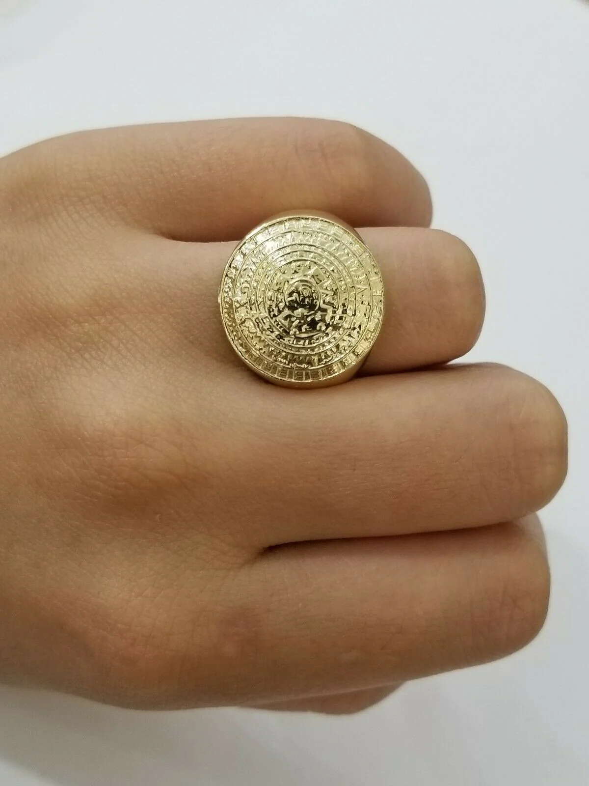 GOLD Mens Ring Aztec Mayan Solid 10k Yellow Gold Sun Calendar 10 KT REAL Gold - Image 4