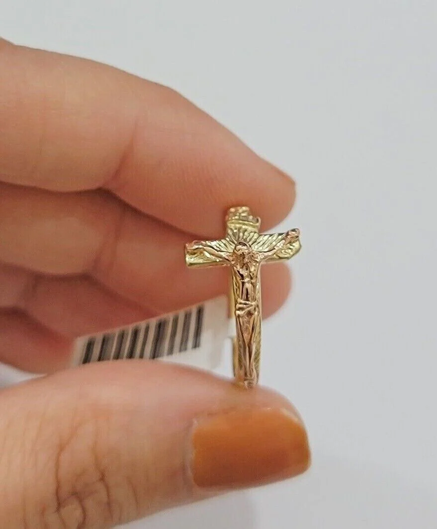 Ladies Ring 10k Yellow Rose Gold Jesus Cross REAL Crucifix Unique Band For SALE - Image 11