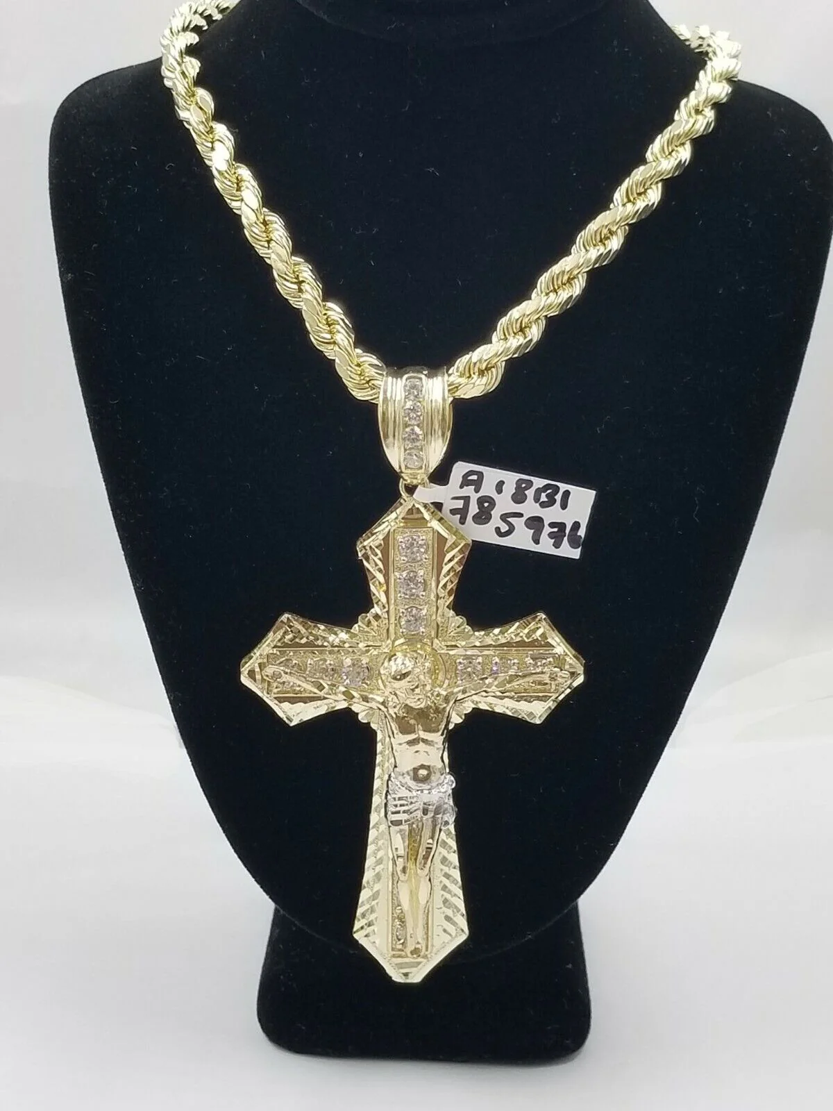 Men 10k Real Yellow Gold Rope Chain 26" Crucifix Cross Charm Diamond cut Set - Image 2