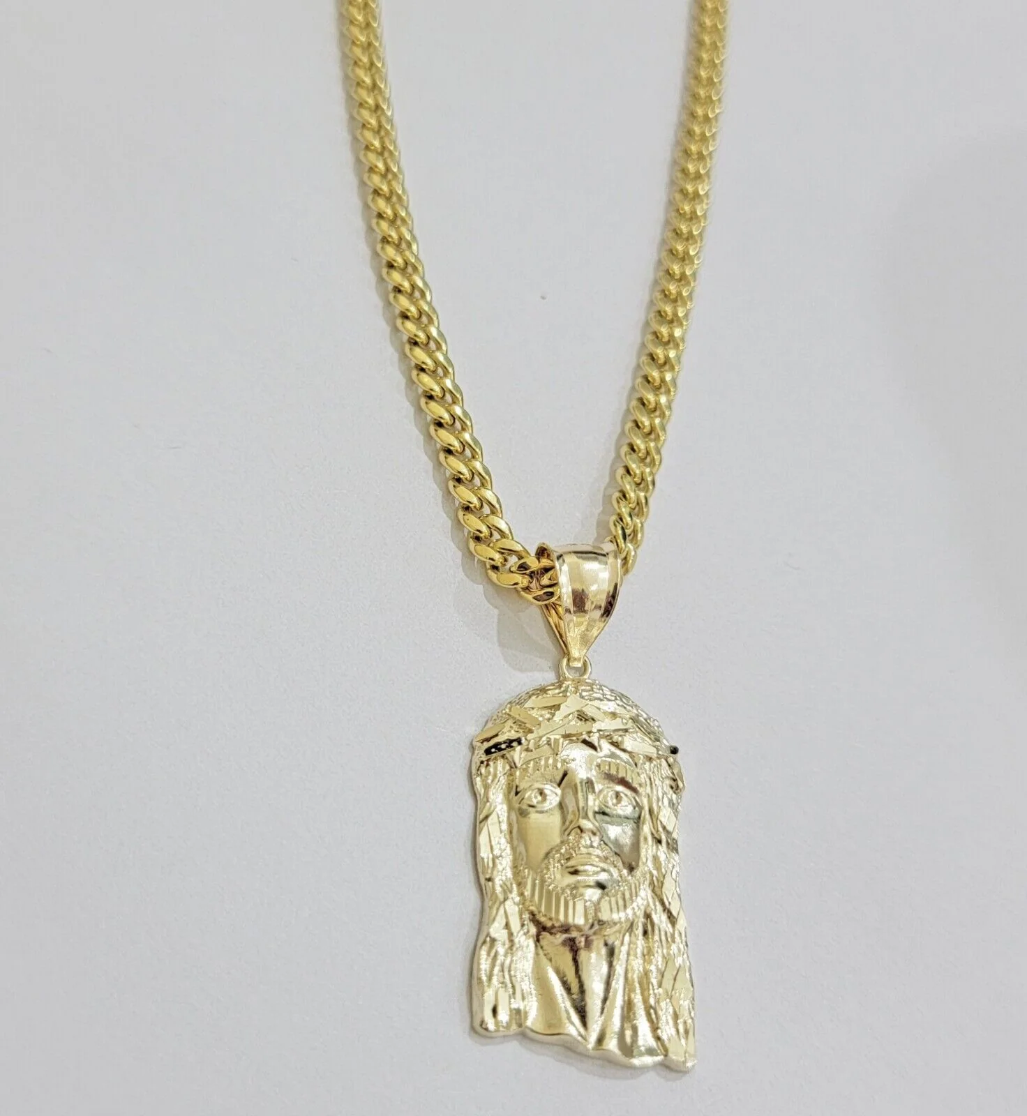 Mens 10k Gold Chain Necklace Charm Pendant SET 4mm Miami Cuban Link, Jesus Face - Image 3