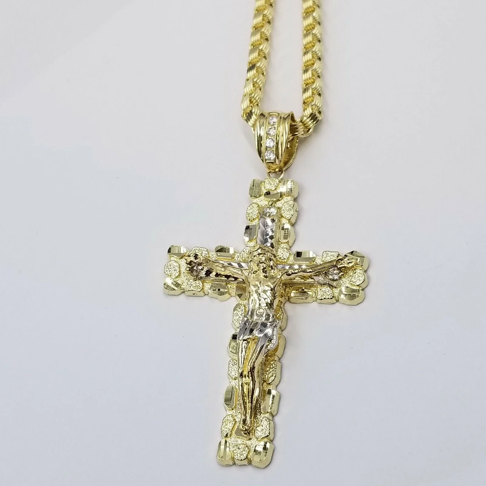 Mens 10k Yellow Gold Cross Charm Diamond Cut Pendant Byzantine Chain in 24" Real - Image 3