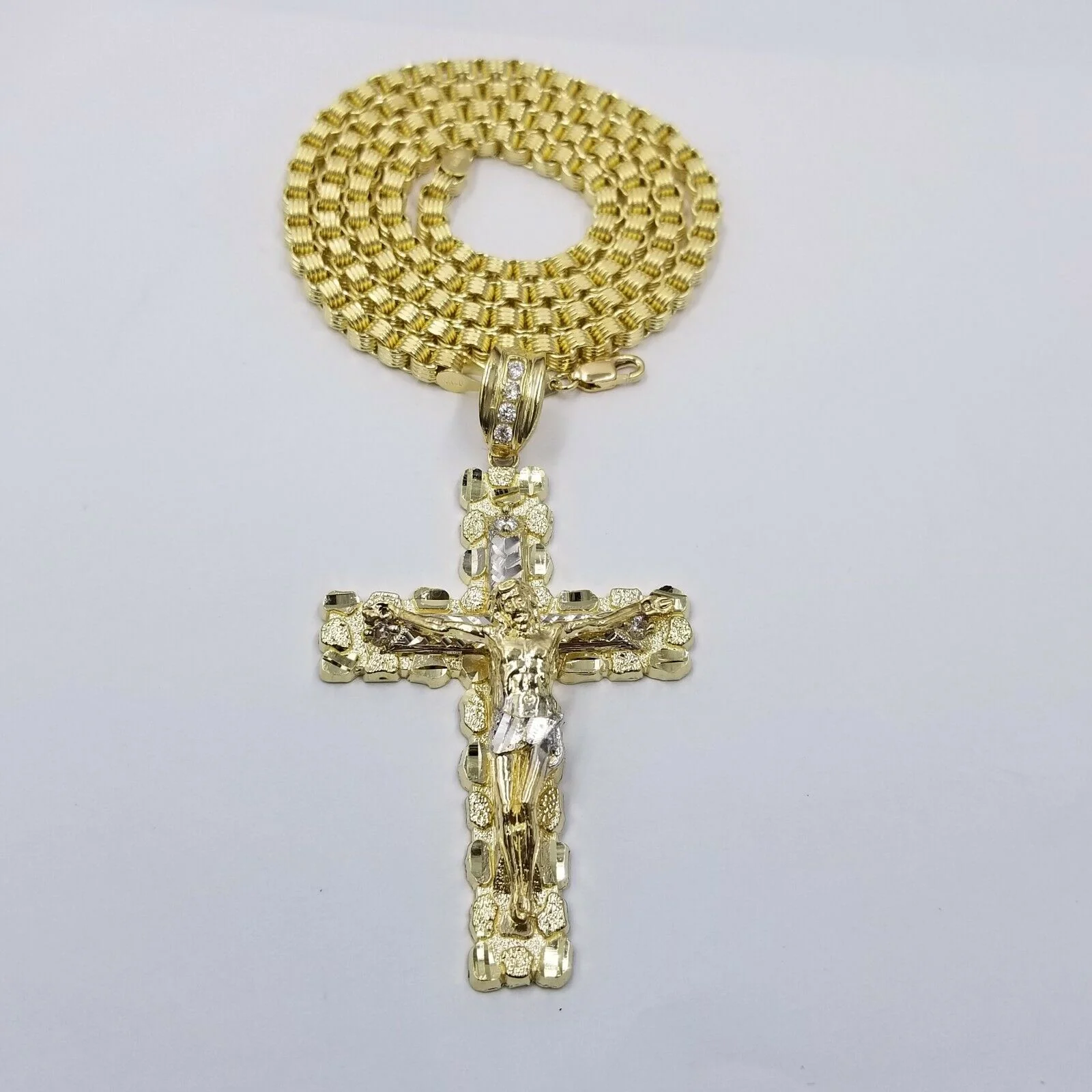 Mens 10k Yellow Gold Cross Charm Diamond Cut Pendant Byzantine Chain in 24" Real - Image 7