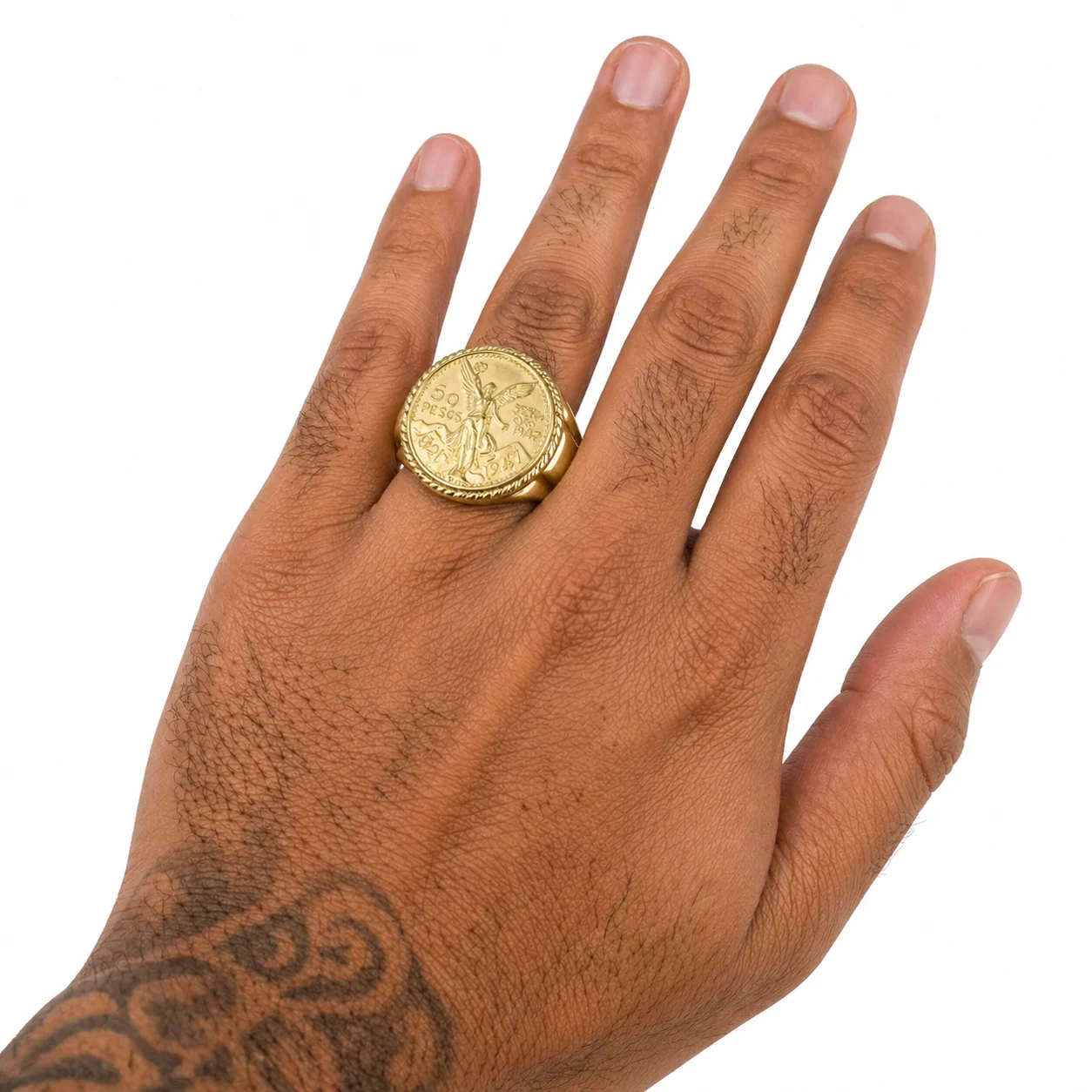 Mens 14K Gold 50 Pesos Coin Ring CZ Bezel Liberty Signet Pinky Statement Ring
