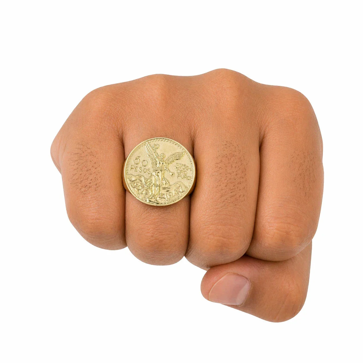 Mens 14K Gold 50 Pesos Coin Ring CZ Bezel Liberty Signet Pinky Statement Ring - Image 6