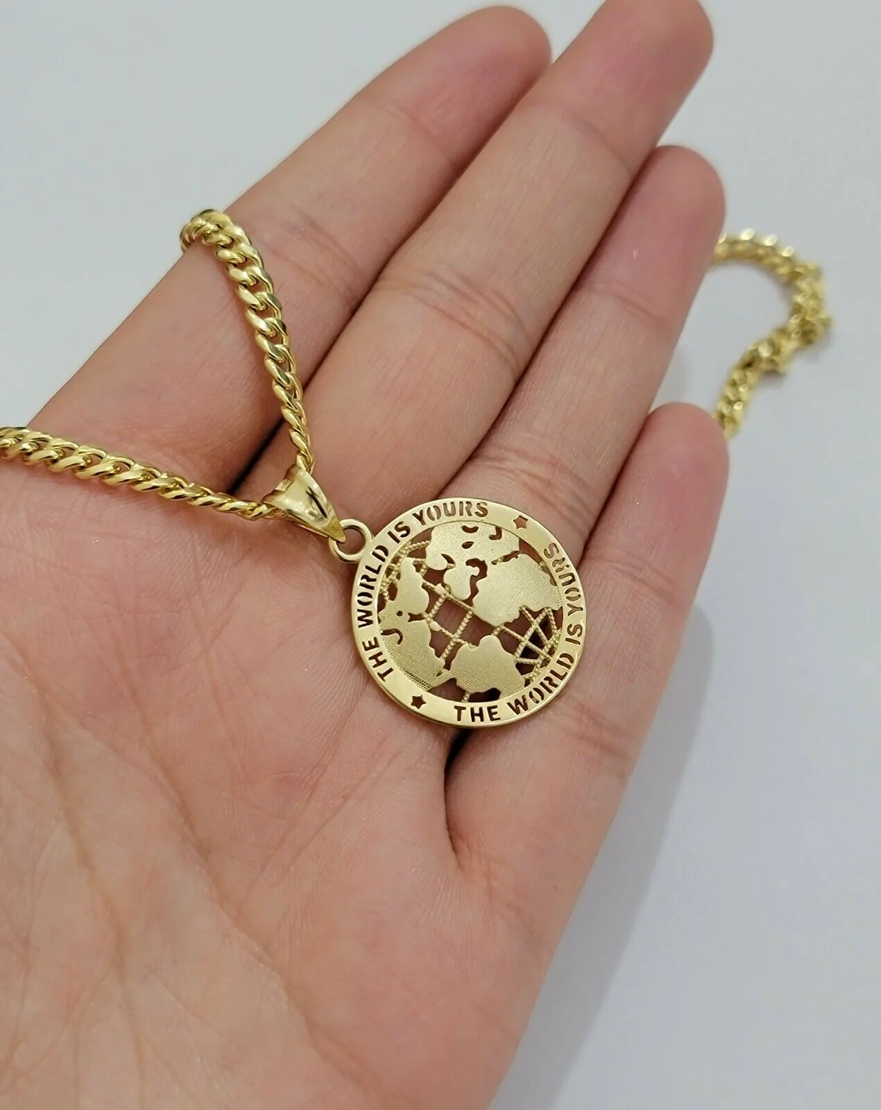 Real 10k Gold 22" Miami Cuban Link Chain Pendant Set 3.5mm Necklace World Charm - Image 7