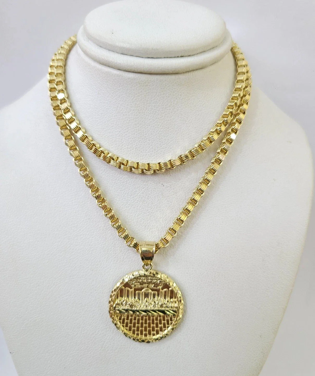 Real 10k Gold Byzantine Necklace Last Supper Nugget Pendant 20-30 inches 3mm SET