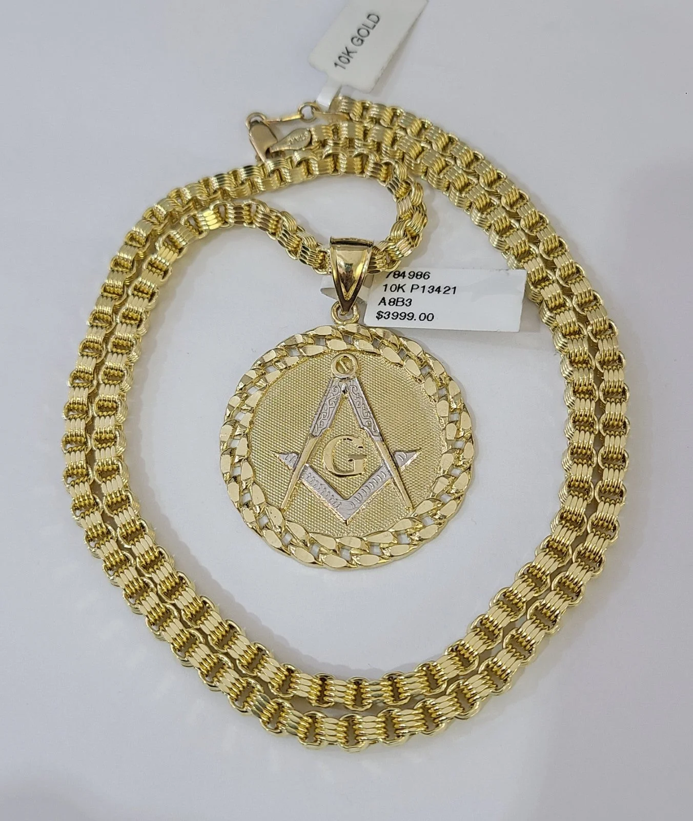 Real 10k Gold Byzantine Necklace Masonic Pendant Charm SET Chain 20"-30" 4mm