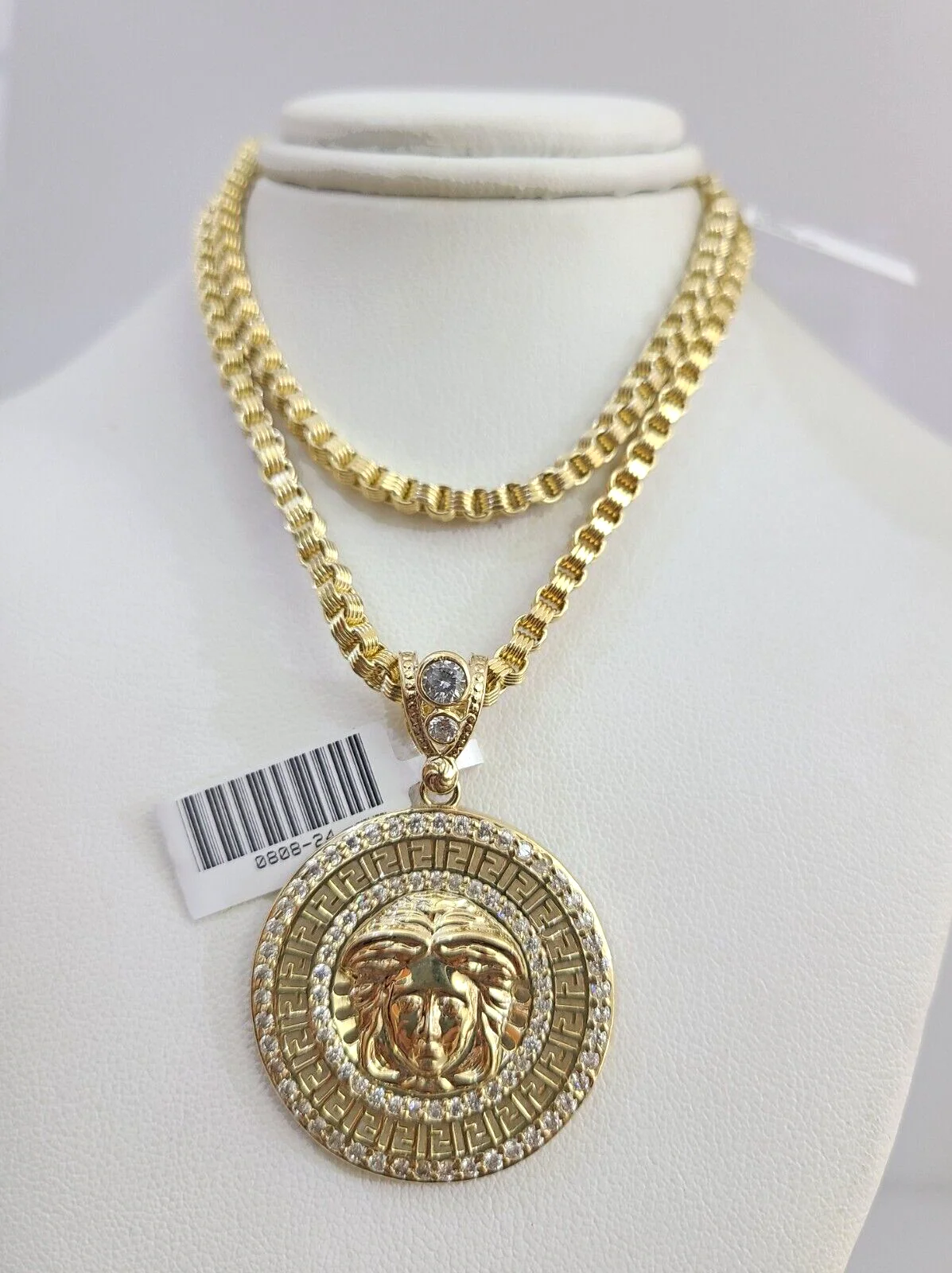 Real 10k Gold Byzantine Necklace Medusa Head Charm SET Chain 20-30" 3mm Pendant