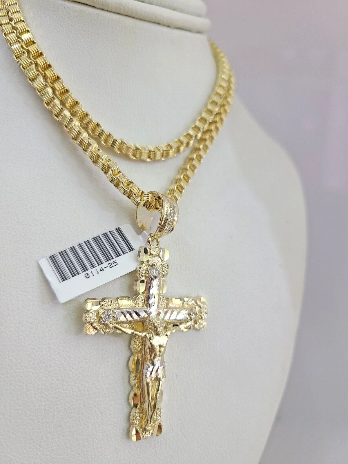 Real 10k Gold Byzantine Necklace Nugget Cross Charm SET Chain 20-30" 3mm Pendant - Image 4