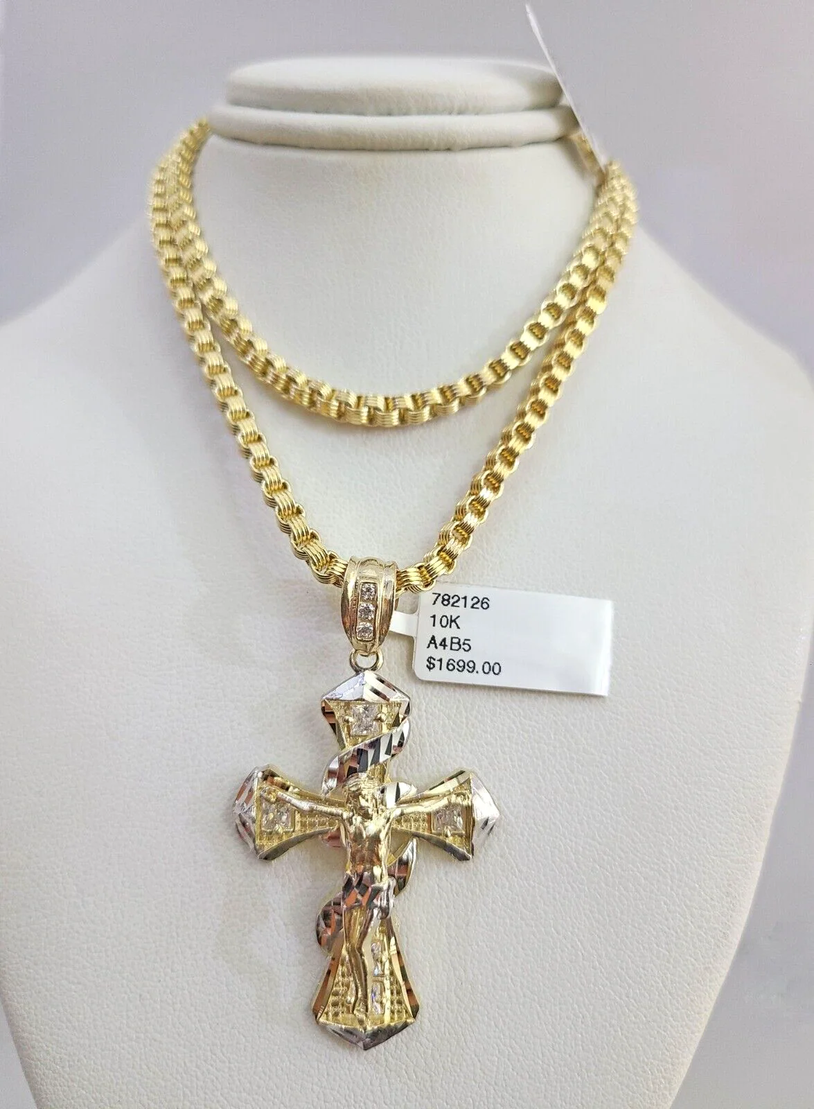 Real 10k Gold Byzantine Necklace Spiral Cross Charm SET Chain 20-30" 3mm Pendant