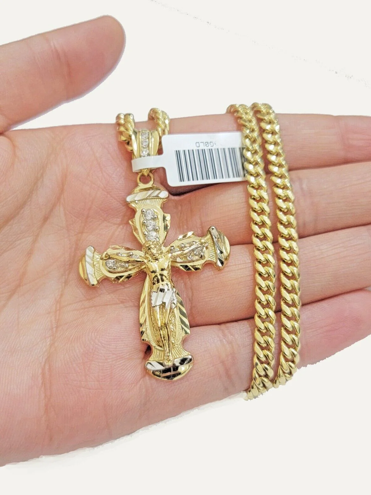 Real 10k Gold Chain Charm Set Cross Pendant Miami Cuban link Necklace 5mm 18-28" - Image 2