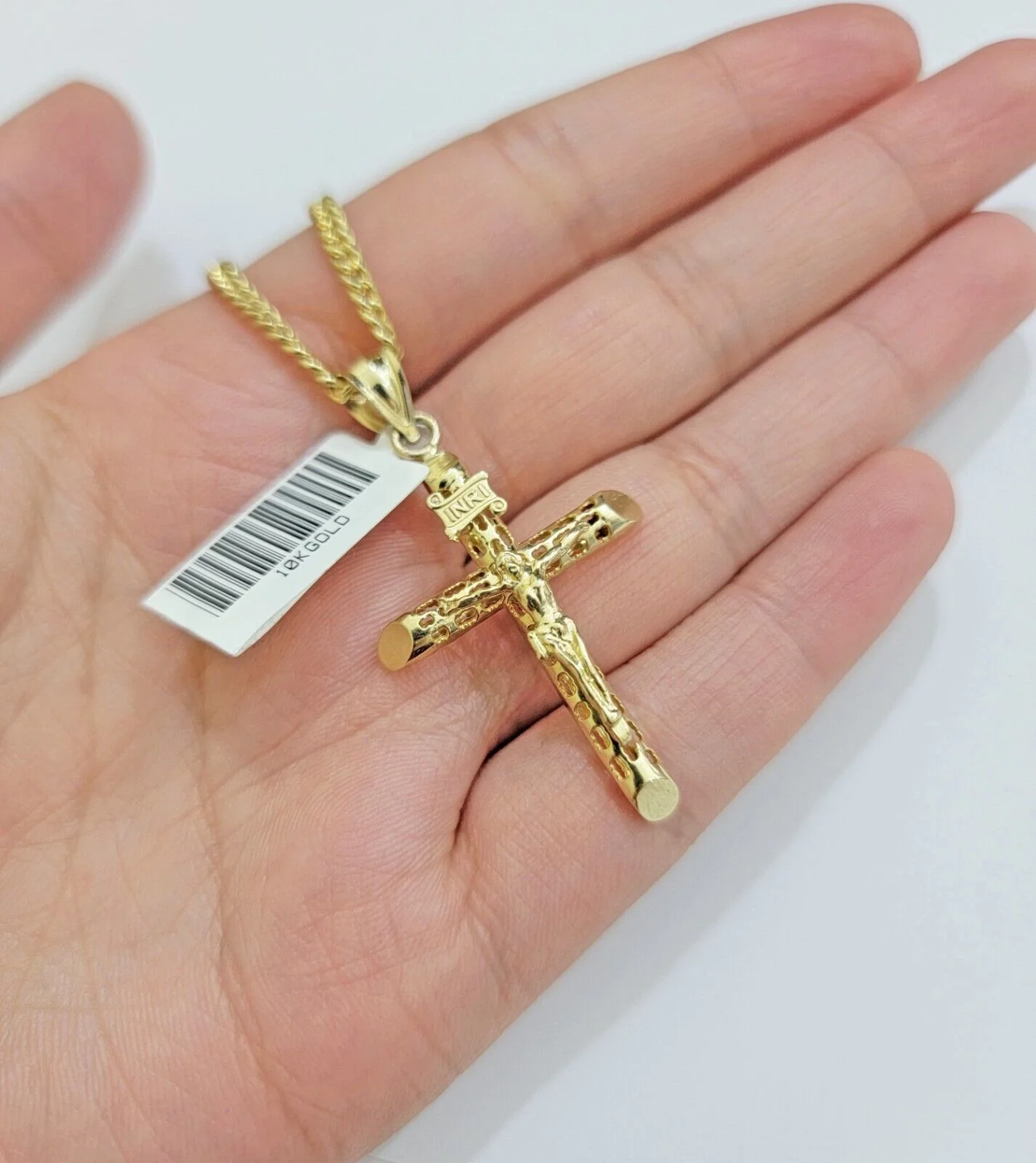 Real 10k Gold Chain Jesus Cross Charm Pendant SET 3mm Miami Cuban Link Necklace - Image 2