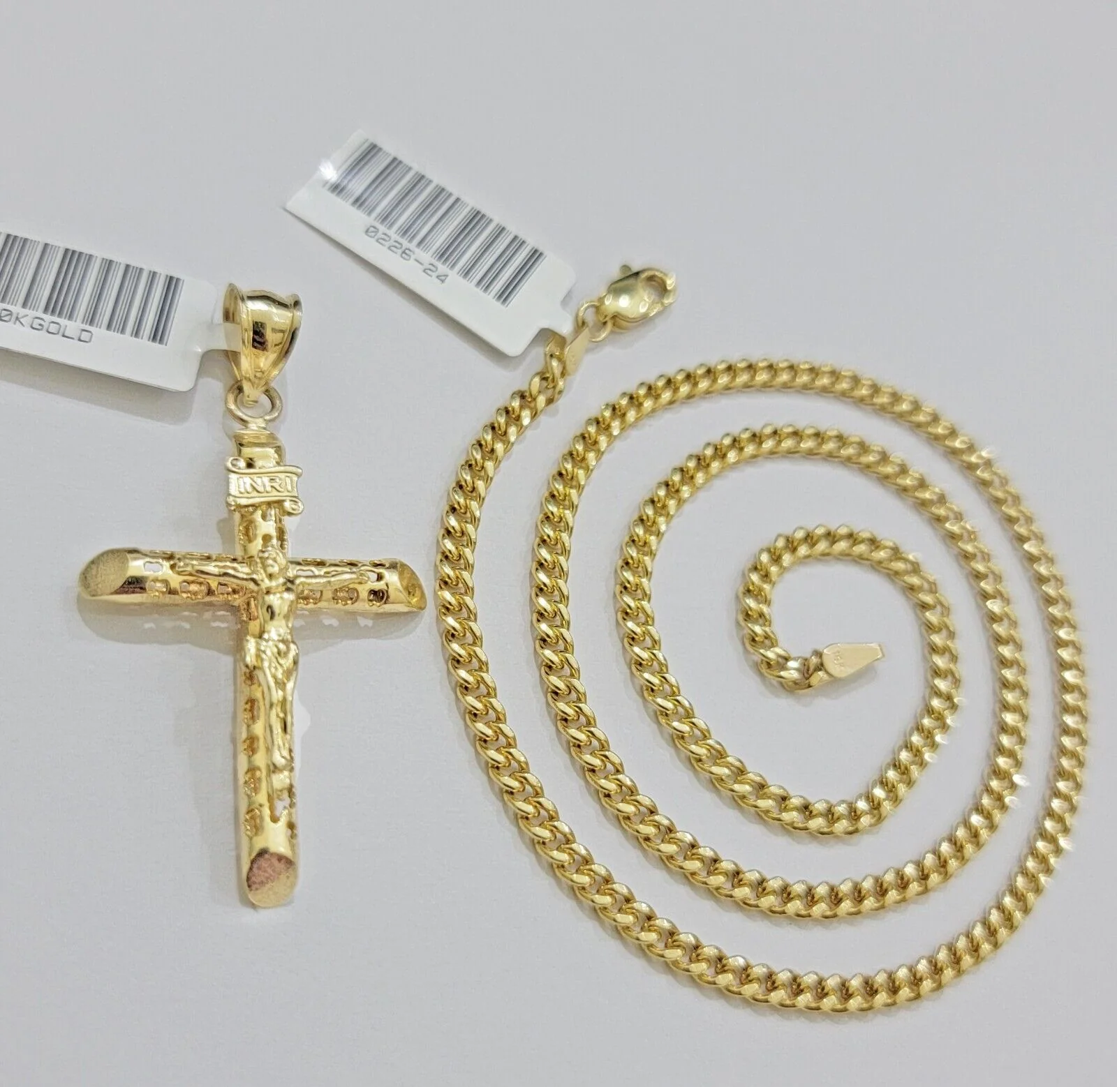 Real 10k Gold Chain Jesus Cross Charm Pendant SET 3mm Miami Cuban Link Necklace - Image 4