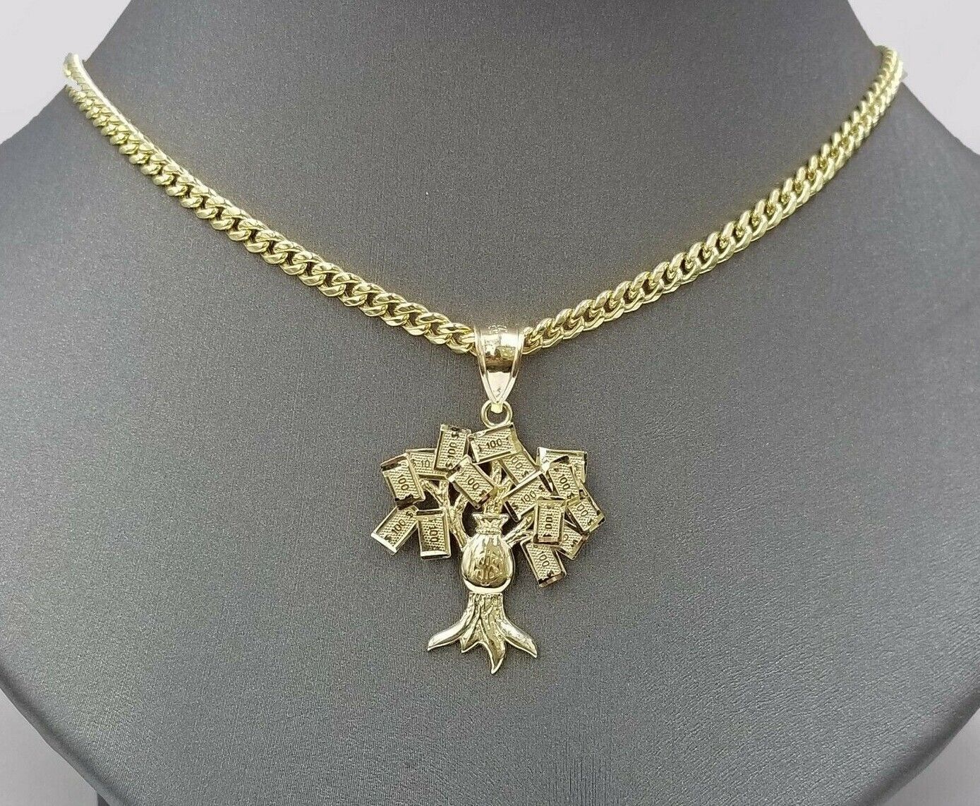 REAL 10k Gold Chain Pendant Set Miami Cuban chain 3mm& Money Tree Charm, 18"-28"